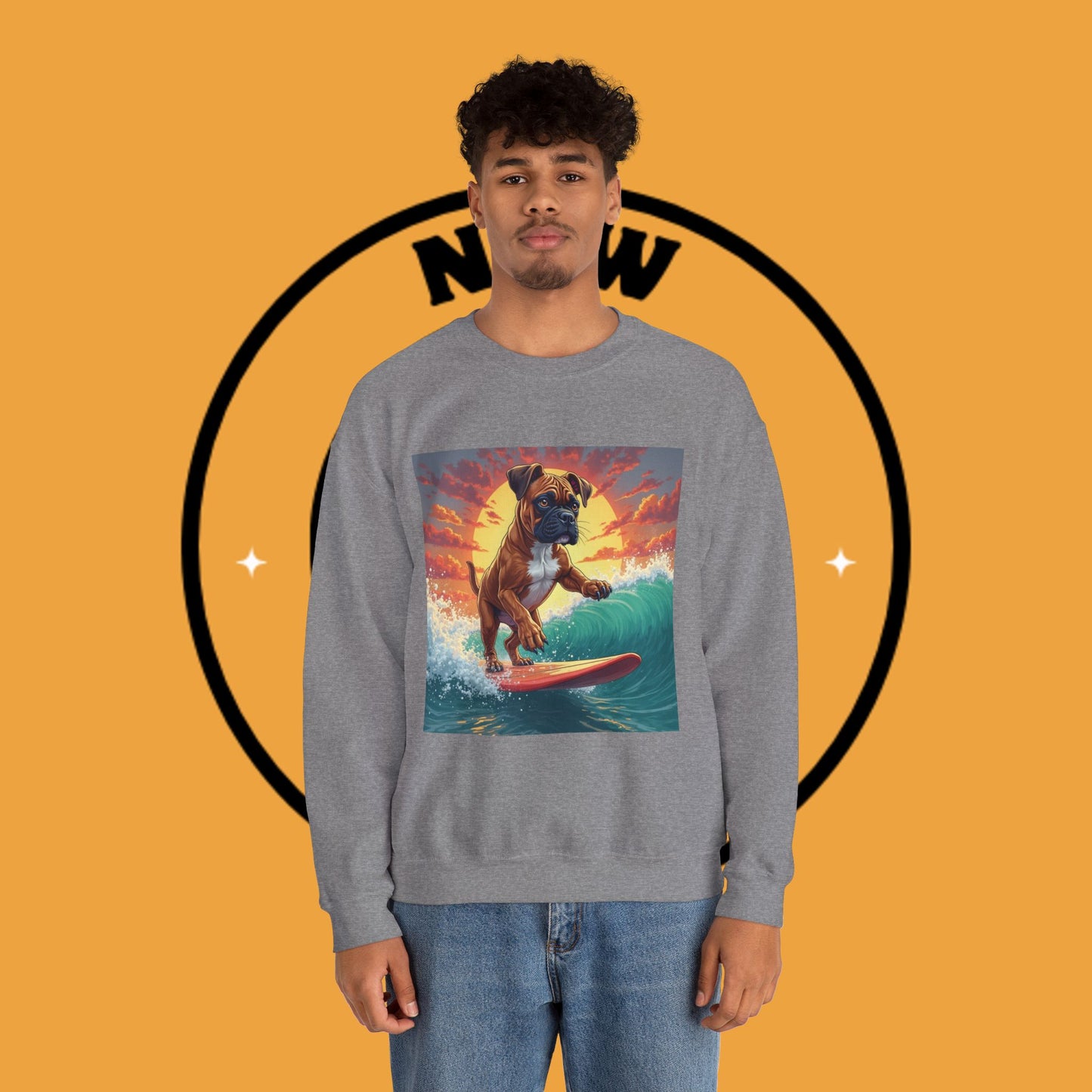 Surfing Boxer Dog Crewneck Sweatshirt | Funny Beach Surfer Gift | Epic Wave Riding Pup Design