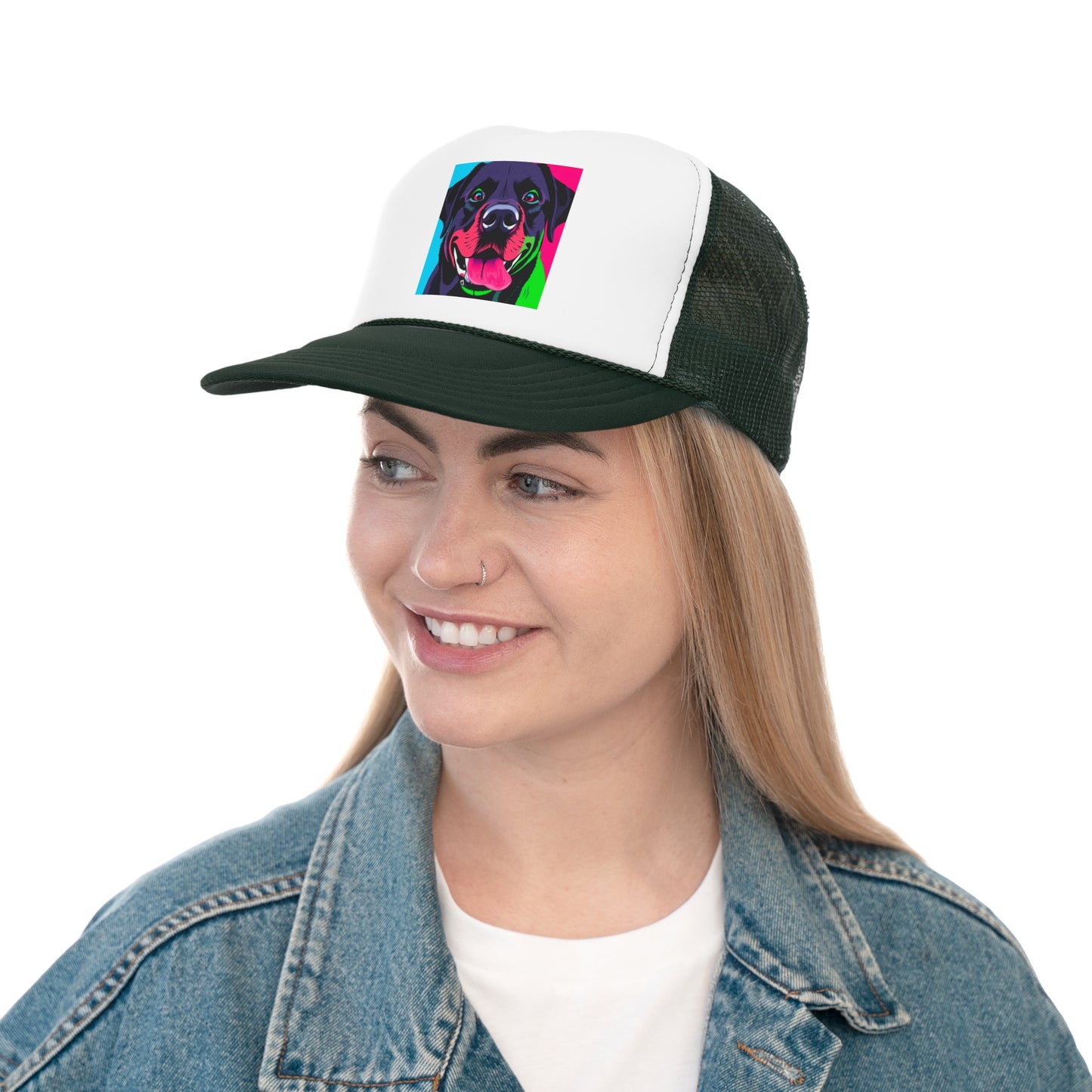 Psychedelic Pop Art Dog Trucker Hat - Vibrant Neon Colors Lab Portrait Cap - Perfect for Pet Lovers