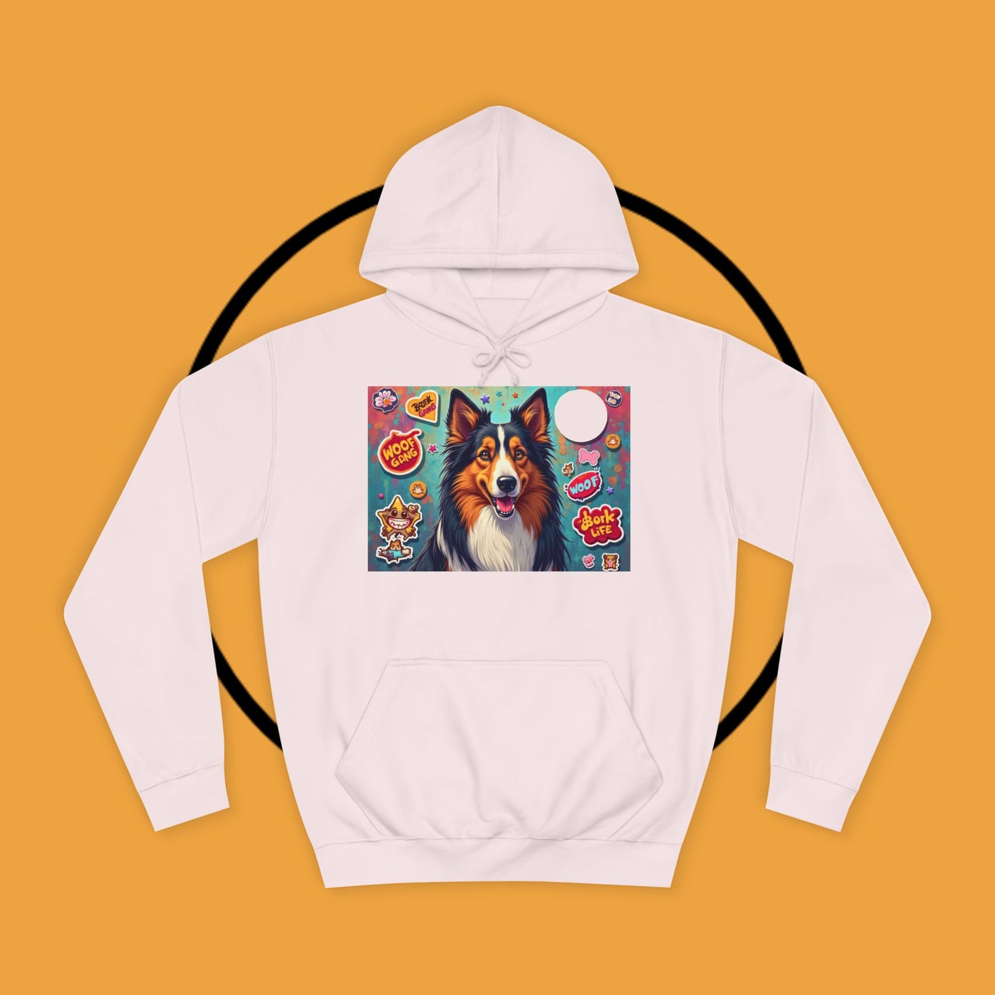 "Dog Sticker Pack Hoodie - Vibrant Collie with Fun Dog Patches Design | Millennial Pet Lover Streetwear"