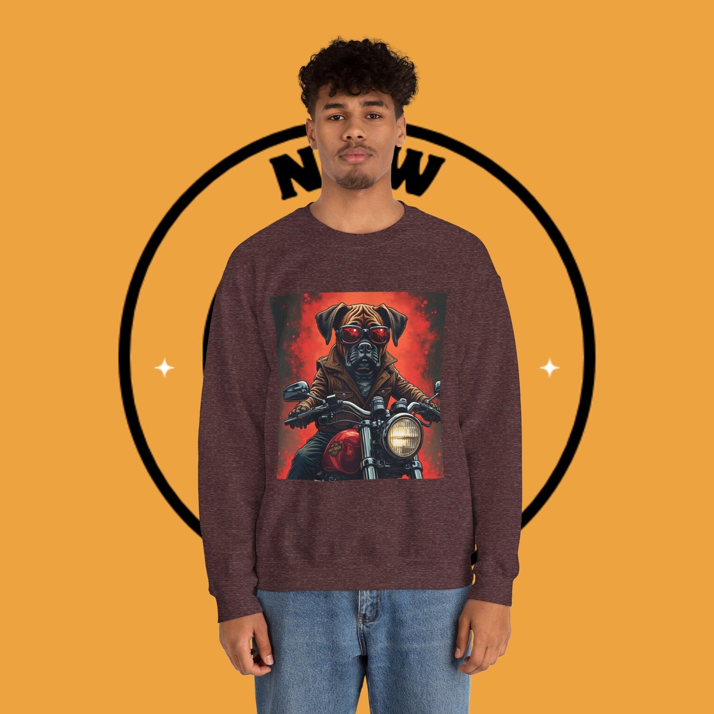 Biker Boxer Dog Crewneck Sweatshirt - Motorcycle Rebel Pup Design - Badass Pet Lover Style