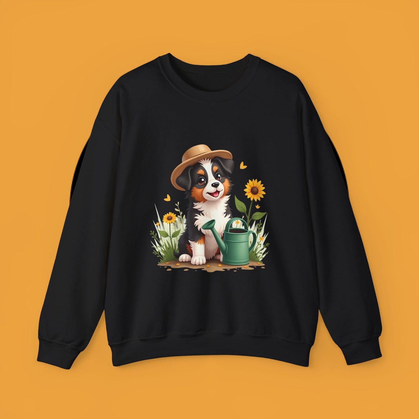 Garden Dog Crewneck Sweatshirt - Cute Puppy Gardener with Sunflowers Design | Green Thumb Gift