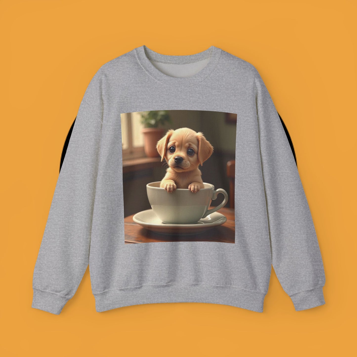 Unisex Dog Lover Crewneck Sweatshirt - Teacup Puppy: Adorable Yellow Lab in Coffee Cup