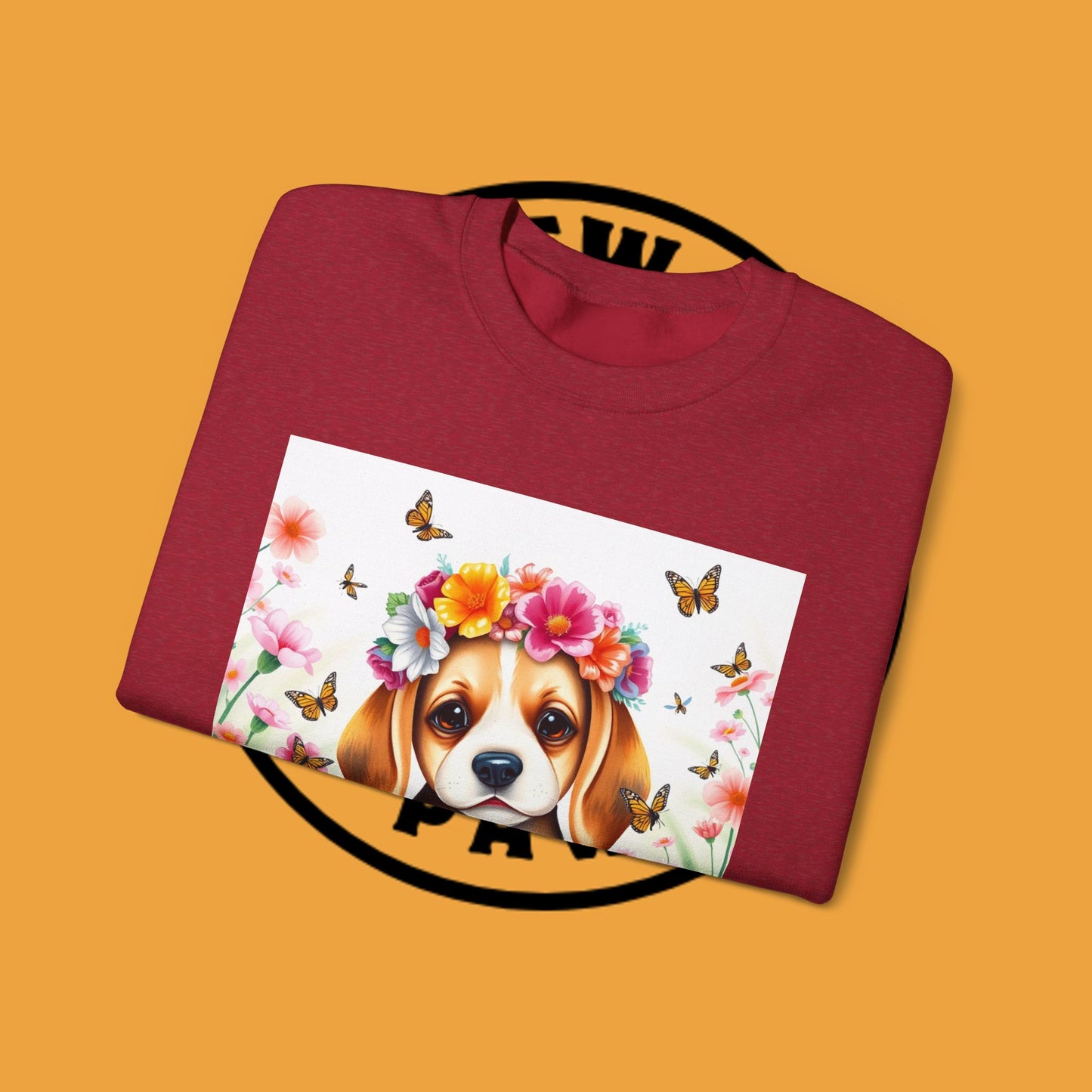 Flower Wreath Dog Crewneck Sweatshirt - Spring Beagle Design with Butterflies
