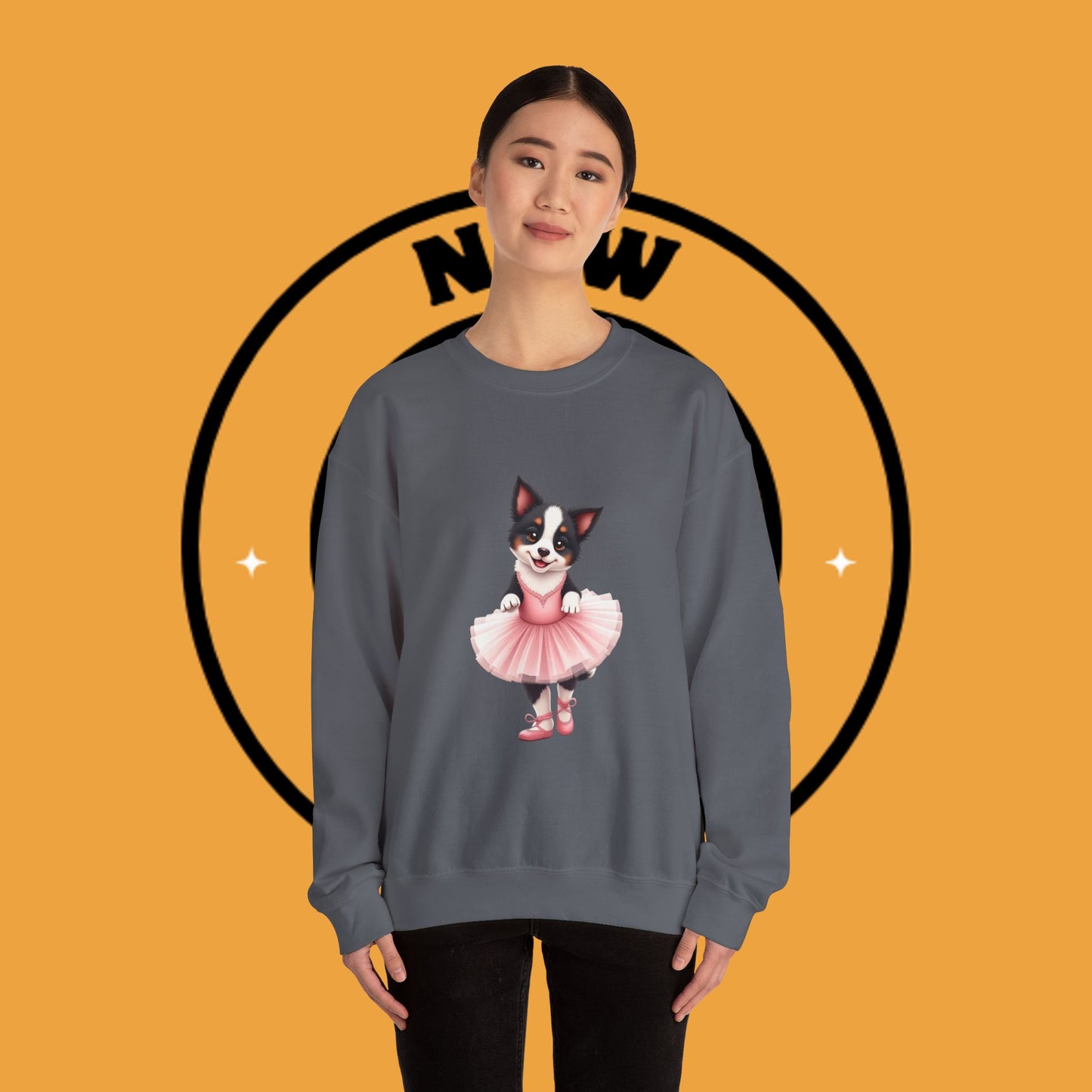 Cute Ballet Dog Crewneck Sweatshirt - Dancing Puppy in Pink Tutu Design | Kawaii Animal Lover Gift