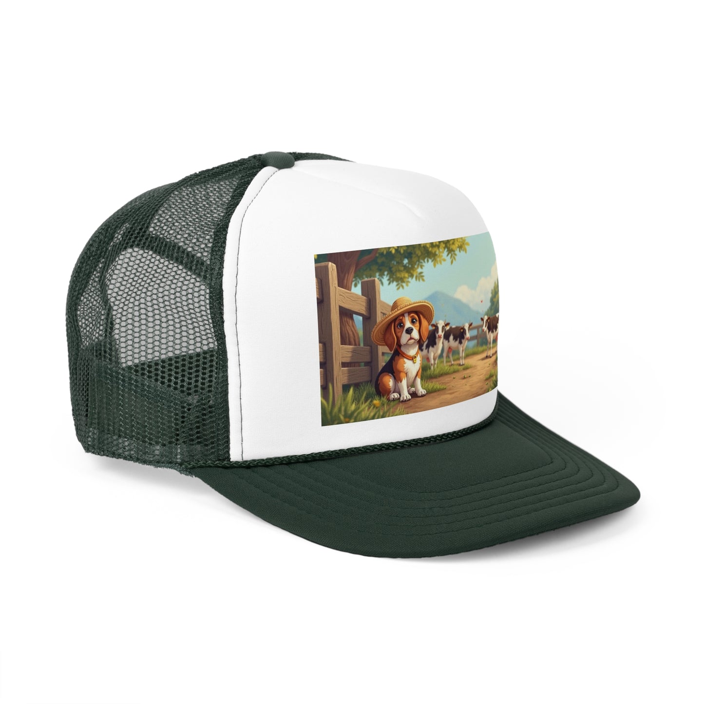 Farm Beagle with Straw Hat and Cows Trucker Hat - Country Dog Lover Cap - Adorable Dog Lover Unisex Cap