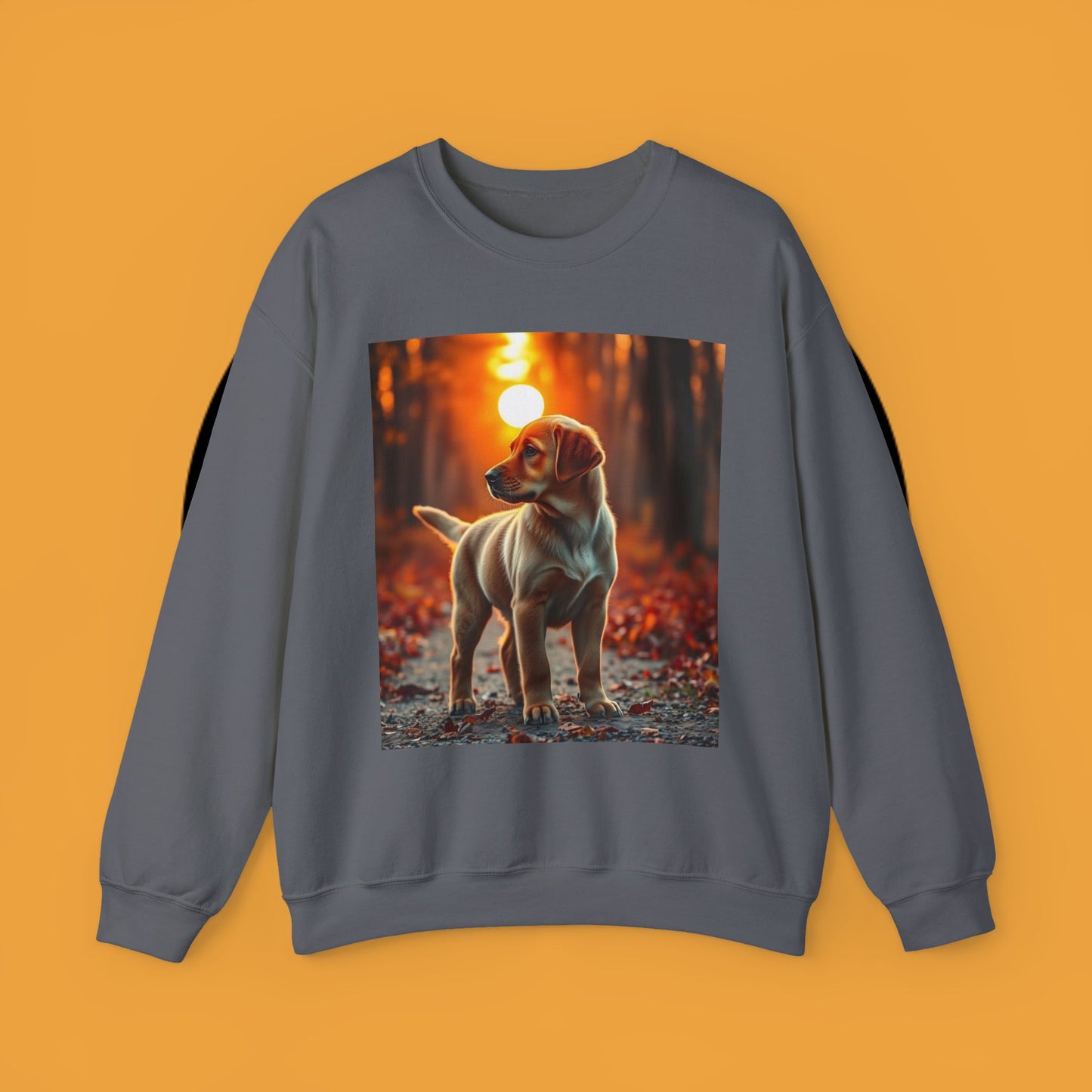 Crewneck Sweatshirt - Labrador Puppy in Autumn Forest with Golden Sunset Light Design