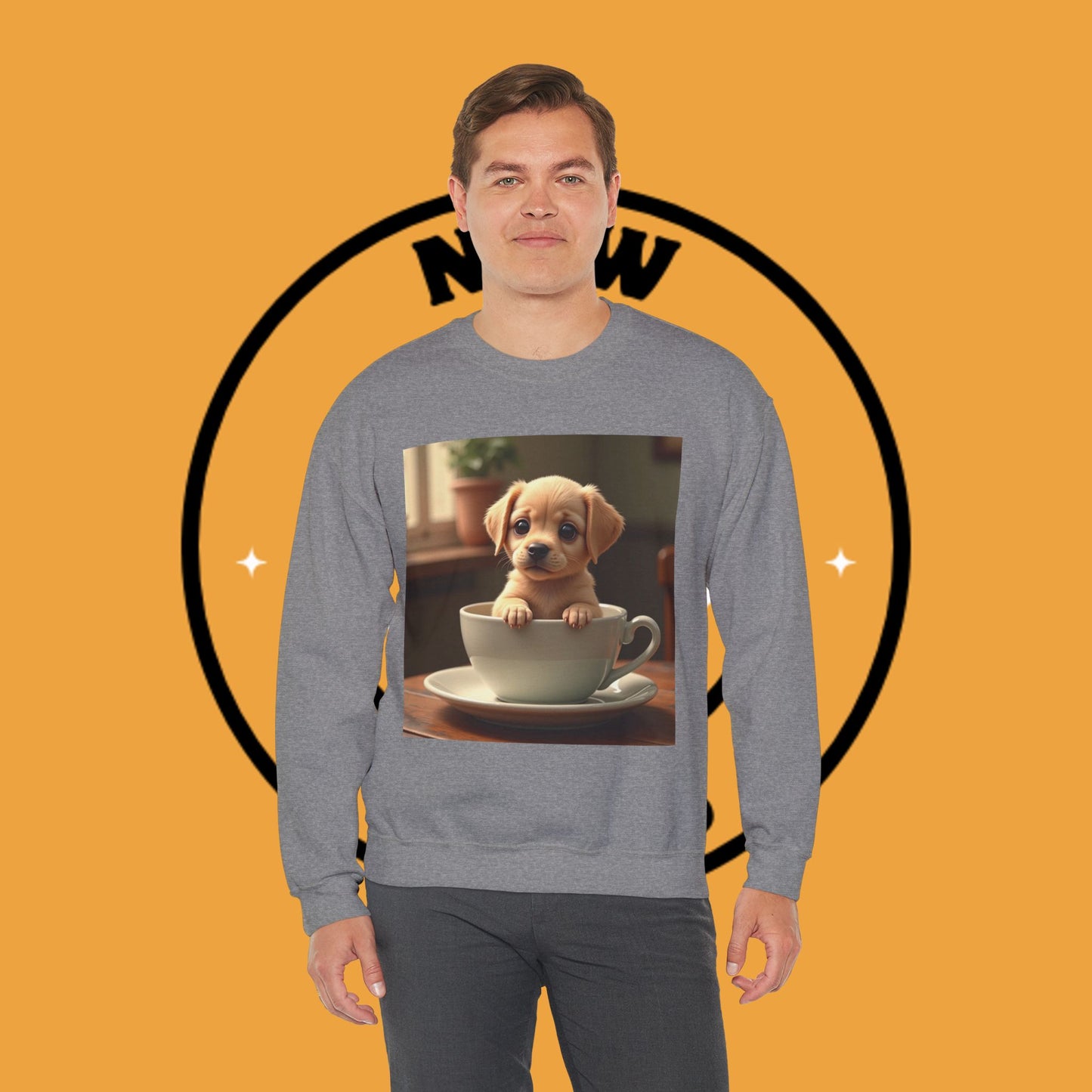 Unisex Dog Lover Crewneck Sweatshirt - Teacup Puppy: Adorable Yellow Lab in Coffee Cup