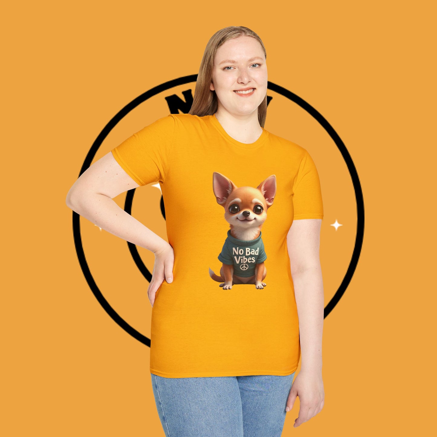 No Bad Vibes Chihuahua T-Shirt - Positive Energy Dog Art - Peace Symbol Pet Tee - Mental Health Wellness Shirt