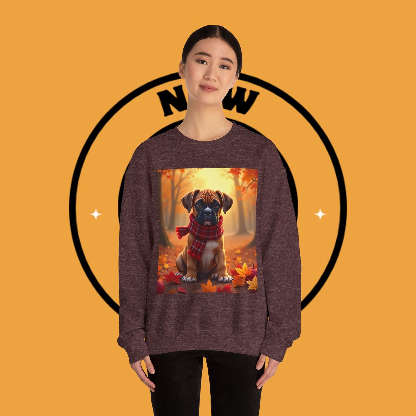 Cute Boxer Puppy Autumn Crewneck Sweatshirt | Fall Dog Lover Gift | Cozy Plaid Scarf Design