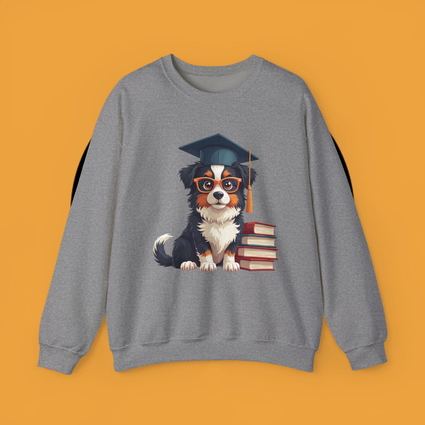 Graduation Dog Crewneck Sweatshirt - Smart Puppy Graduate Cap Books | Academic Achievement Gift