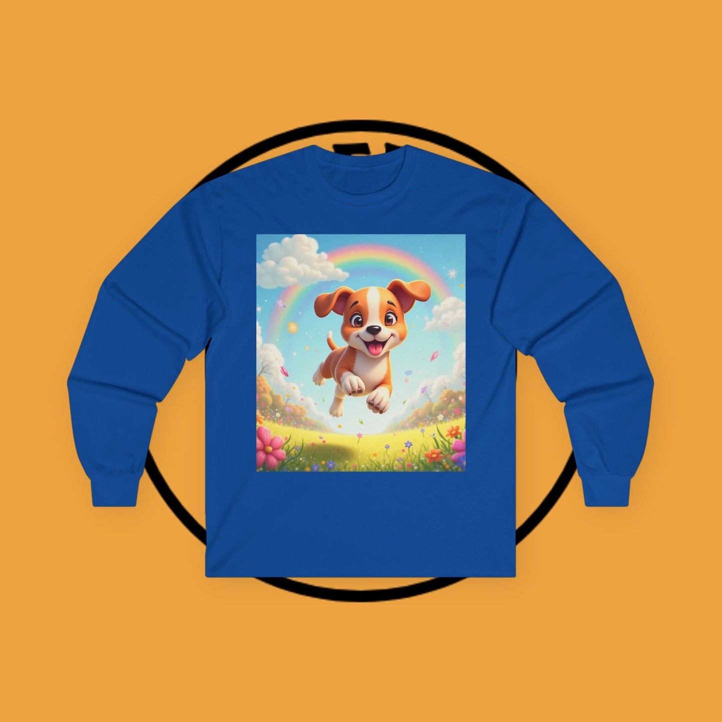 Happy Puppy Rainbow Jumping Spring Flowers Long Sleeve Shirt
