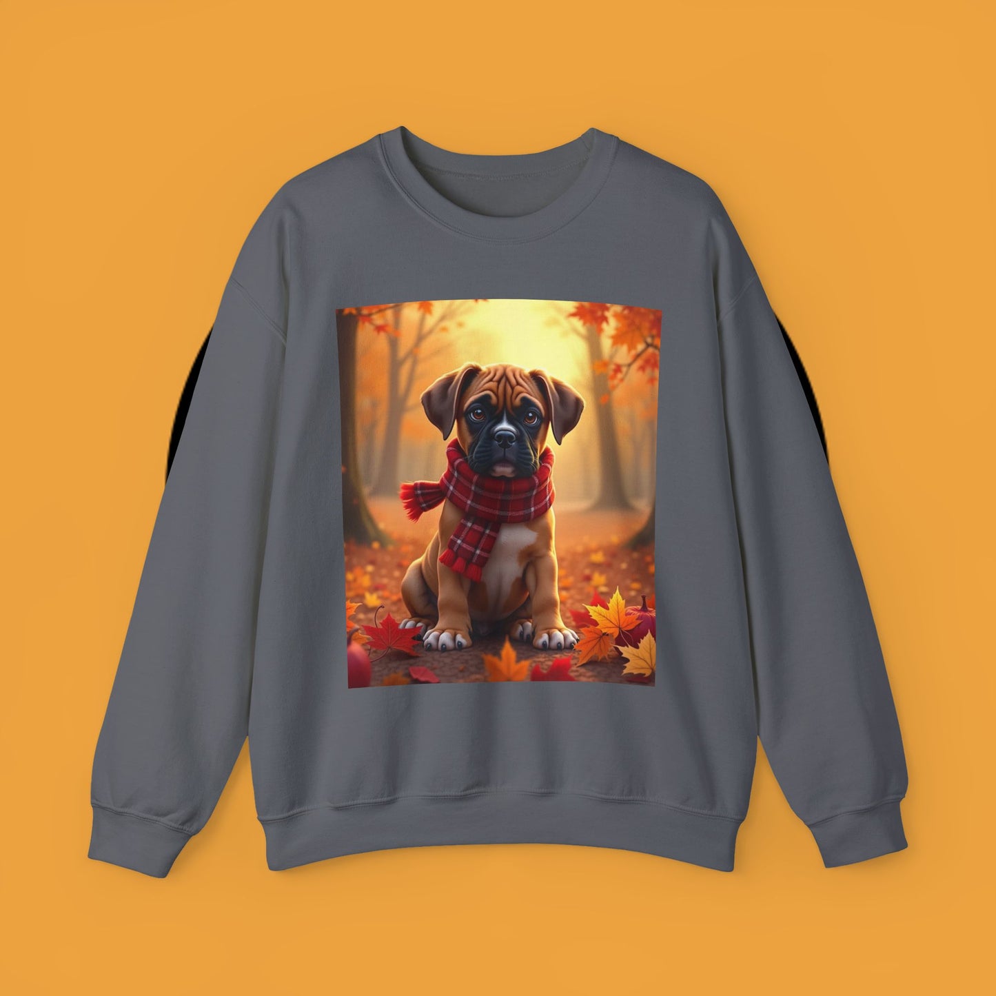 Cute Boxer Puppy Autumn Crewneck Sweatshirt | Fall Dog Lover Gift | Cozy Plaid Scarf Design