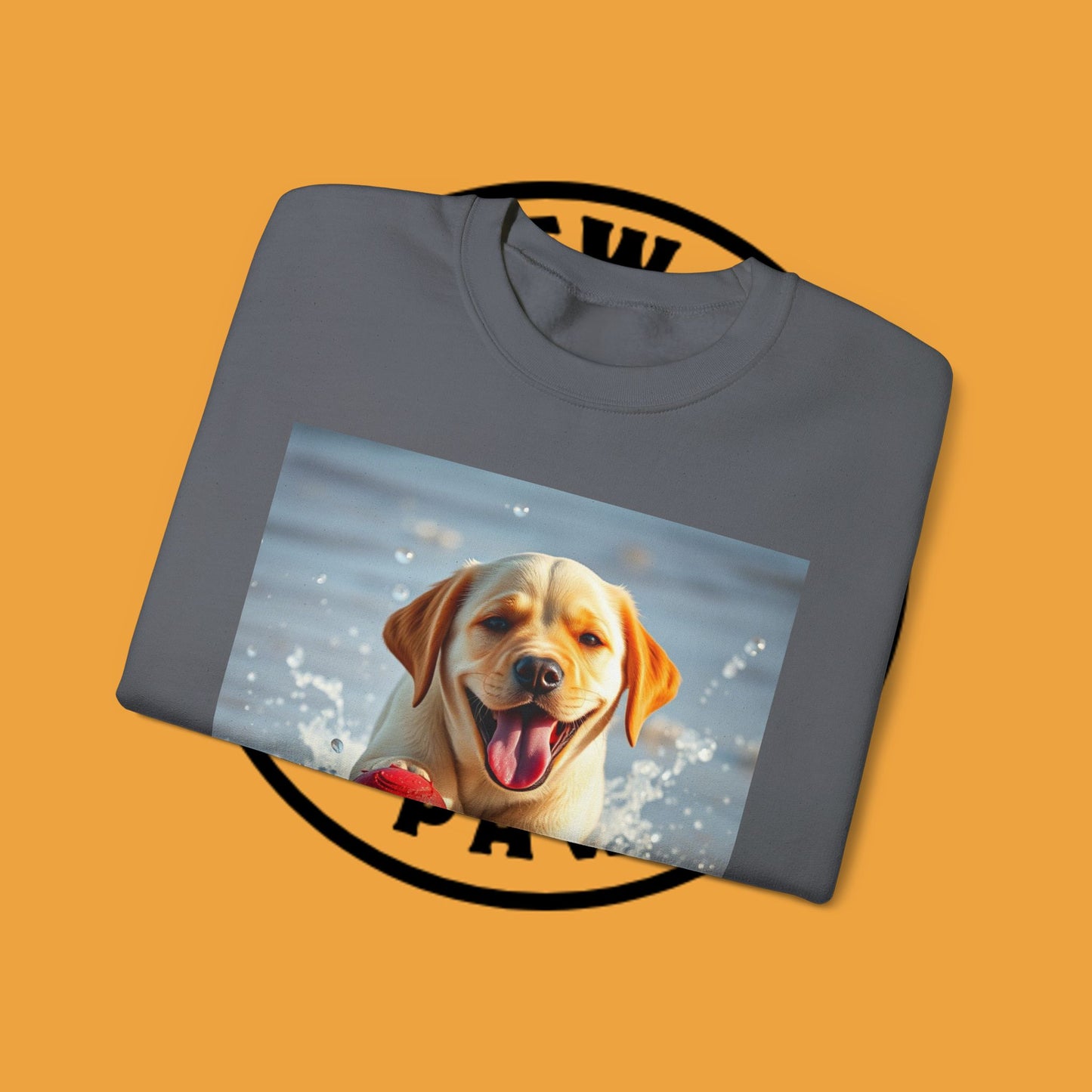 Unisex Dog Lover Crewneck Sweatshirt Labrador Puppy Playing with a Ball on the Beach - Photo of a Happy Dog Running in the Water