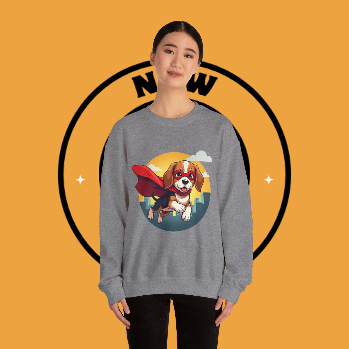 Superhero Dog Crewneck Sweatshirt - Flying Beagle Design with Red Cape and Mask