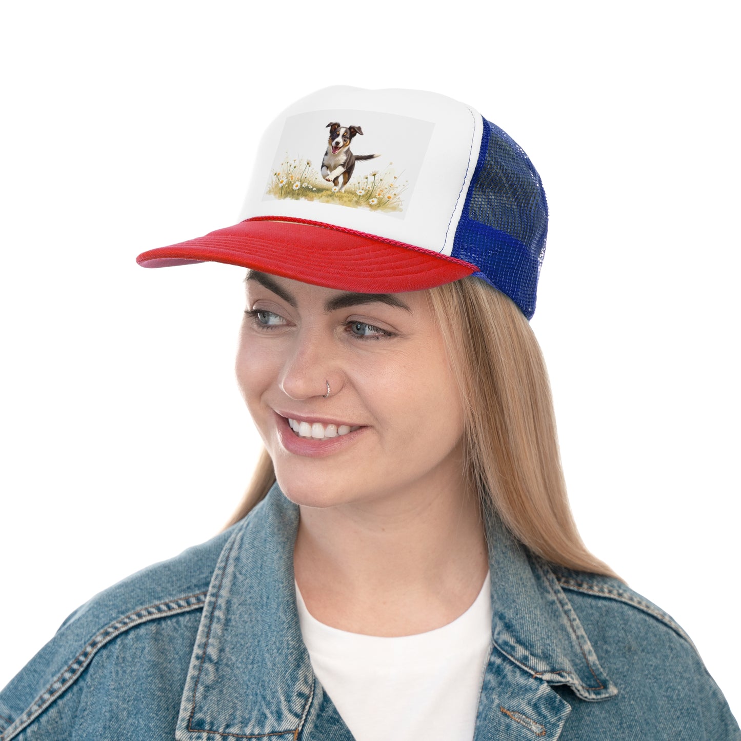 Happy Puppy in Daisies Trucker Hat - Joyful Dog Running Cap - Spring Meadow Baseball Hat