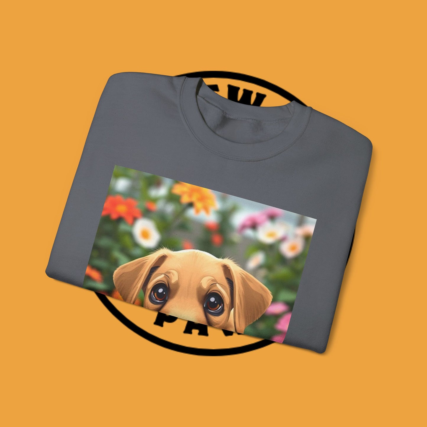 Unisex Dog Lover Crewneck Sweatshirt - Cute puppe with big eyes in floral garden