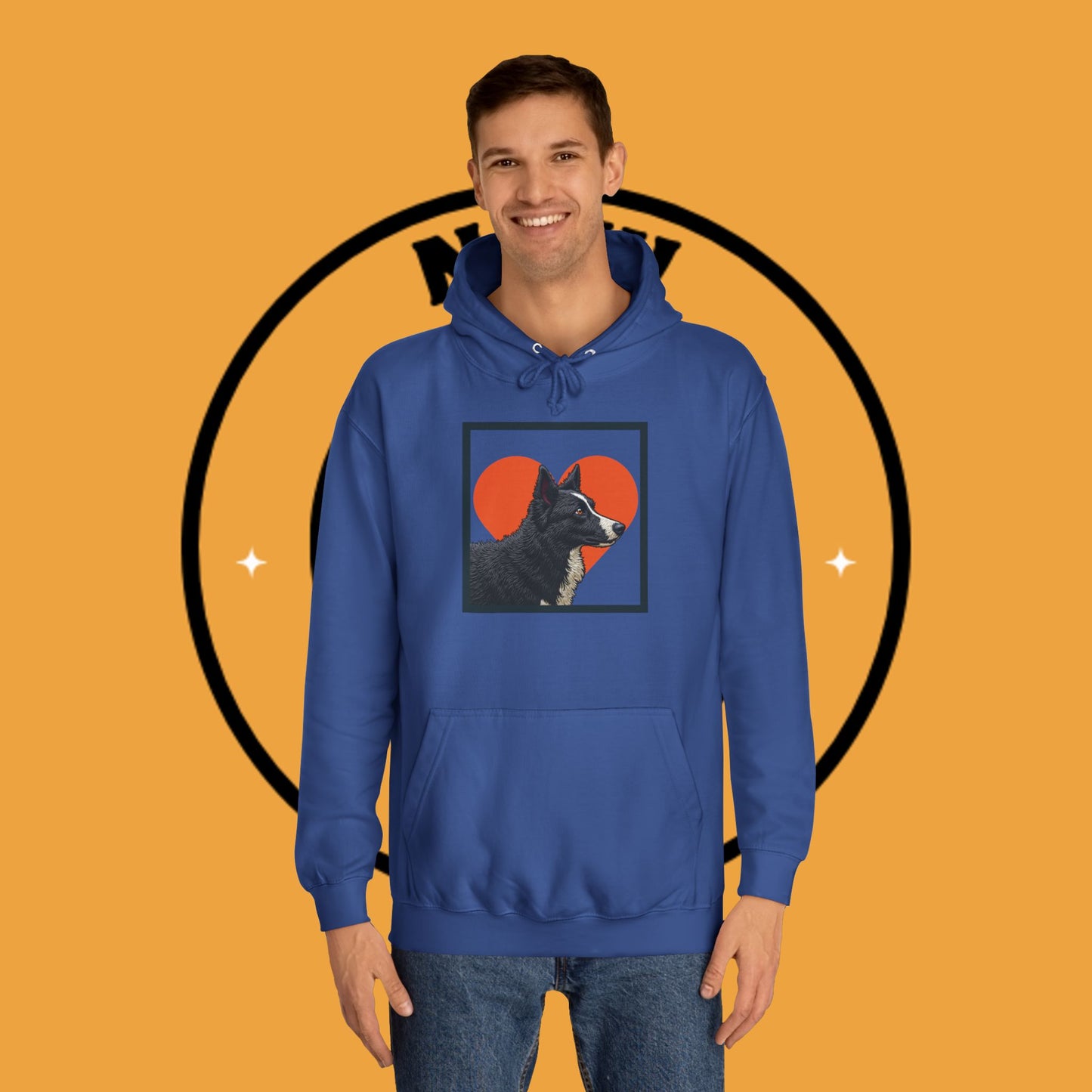 "Black & White Border Collie Portrait Hoodie - Bold Red Heart Background Dog Lover Sweatshirt | Premium Art Design"