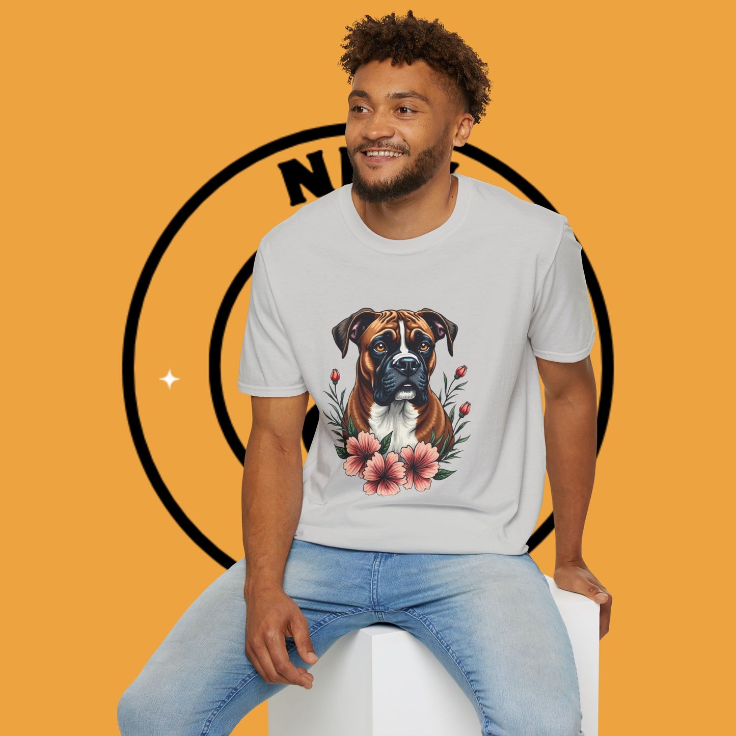 Boxer Dog Floral Portrait T-Shirt - Elegant Botanical Art Design Tee for Dog Lovers
