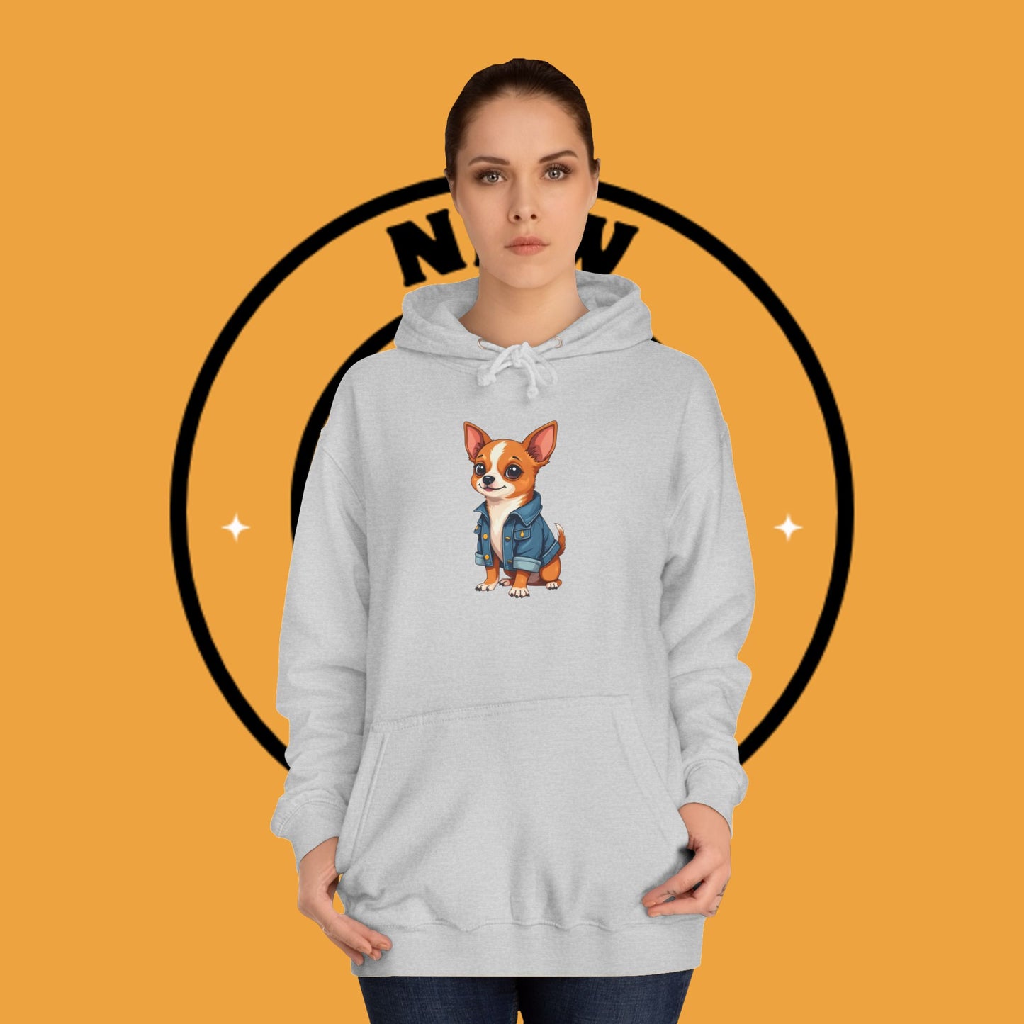 "Adorable Chihuahua in Denim Jacket Hoodie | Cute Dog Lover Gift | Premium Pet Fashion Streetwear"