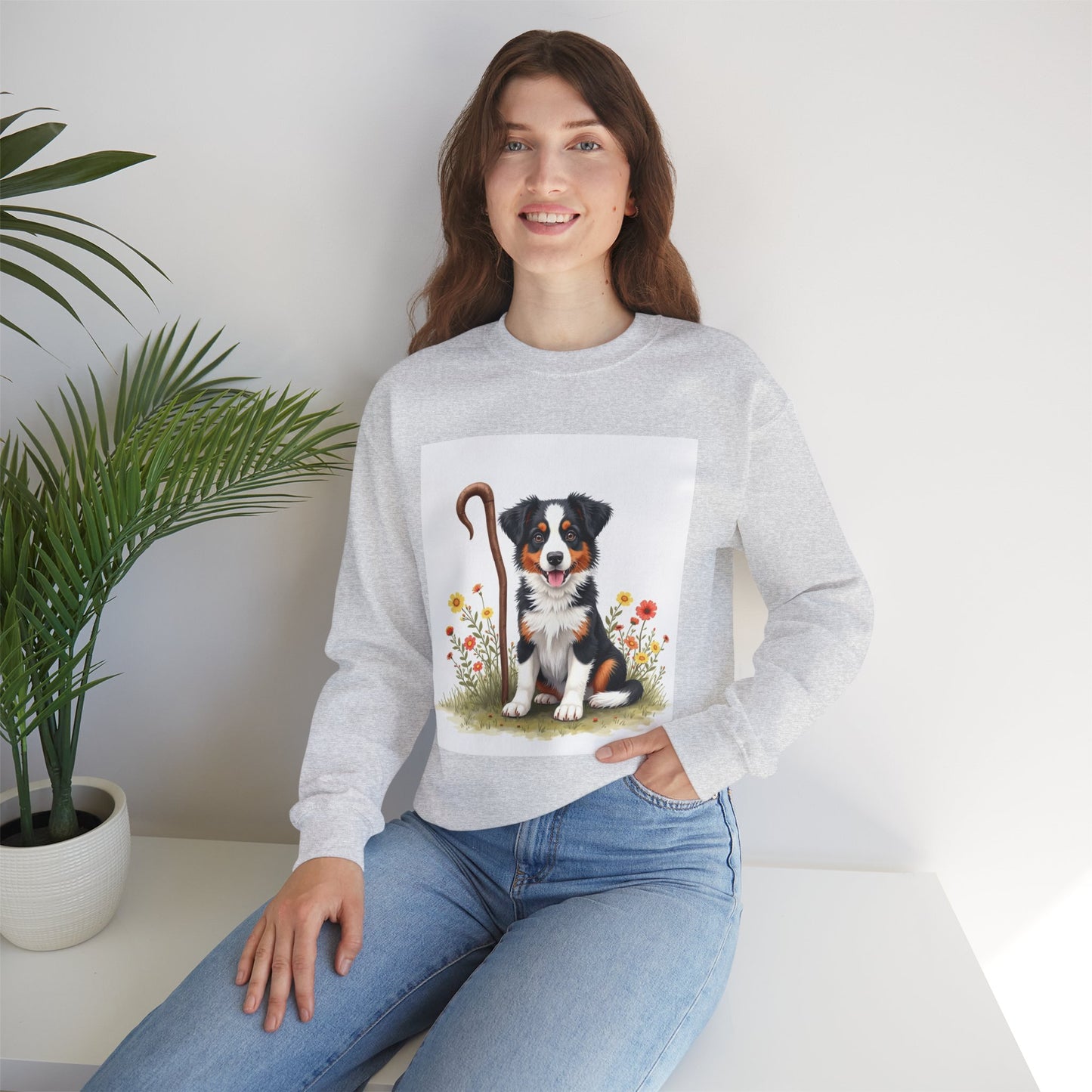 Border Collie Puppy Shepherd's Crook Crewneck Sweatshirt - Pastoral Dog Art | Farm Life Gift