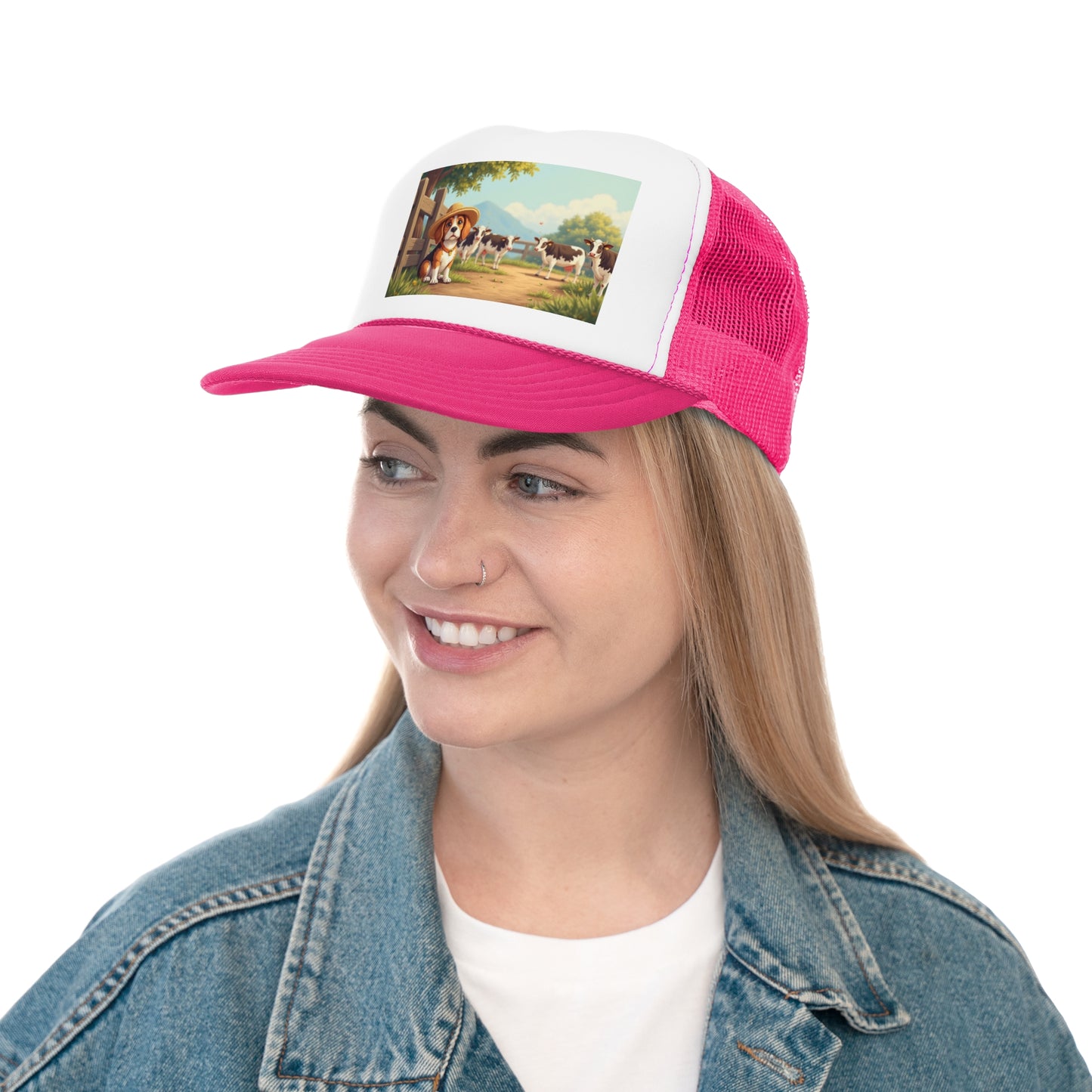 Farm Beagle with Straw Hat and Cows Trucker Hat - Country Dog Lover Cap - Adorable Dog Lover Unisex Cap