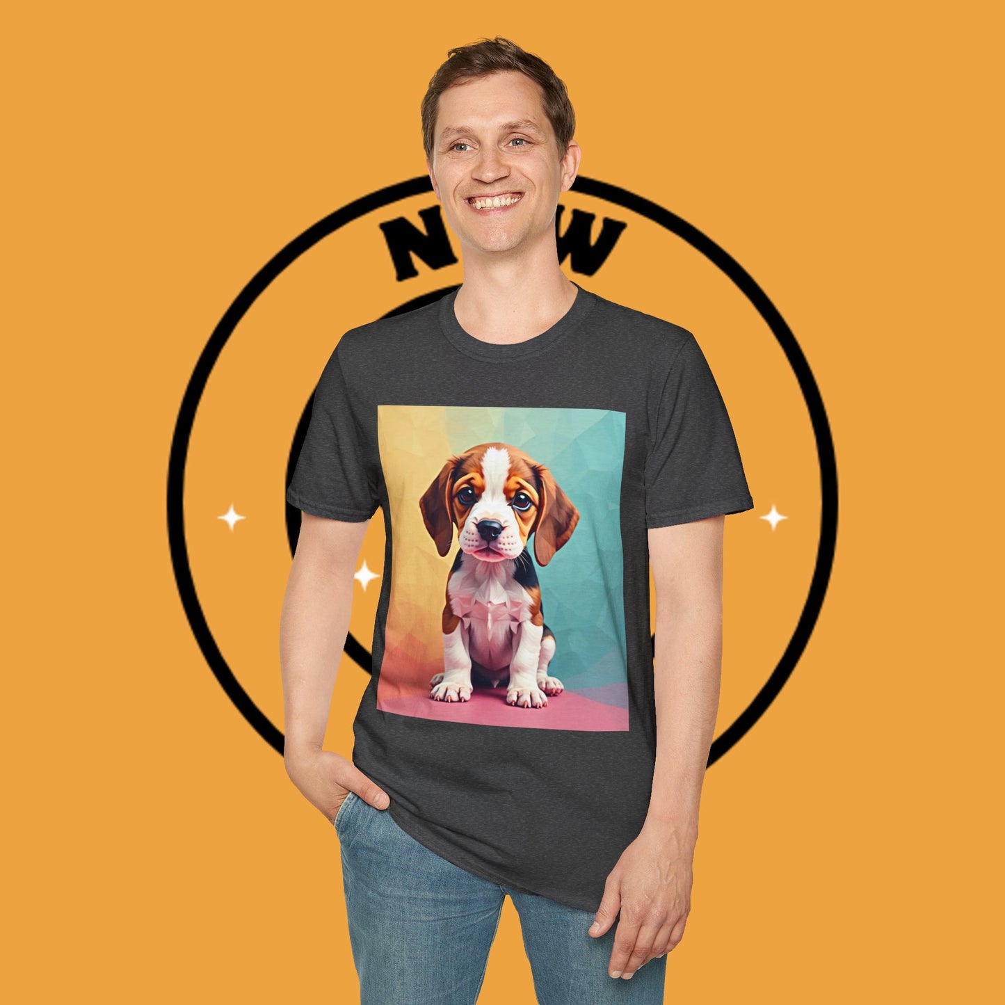 Modern Art Beagle Puppy T-Shirt - Geometric Low Poly Dog Design with Rainbow Background