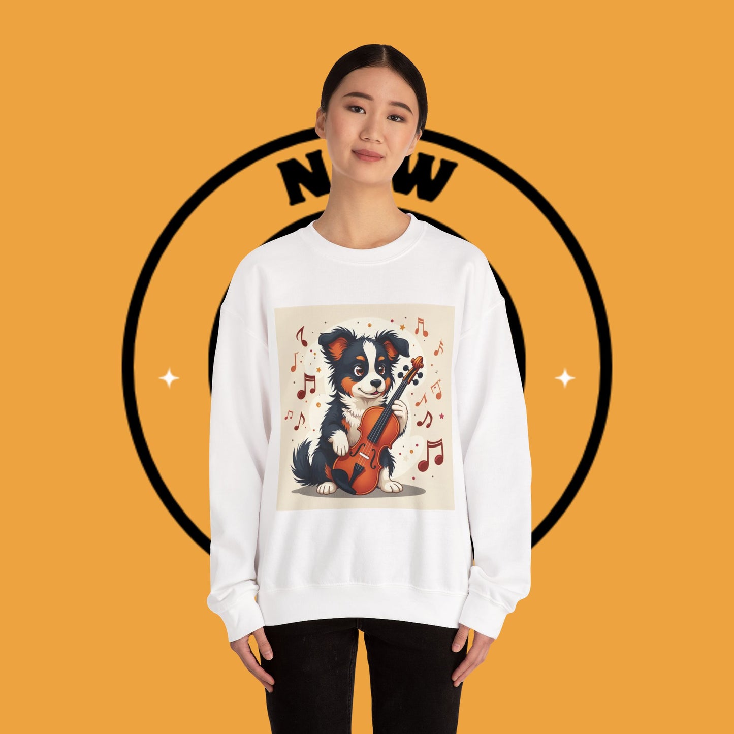 Music Dog Crewneck Sweatshirt - Cute Puppy Violinist with Musical Notes Design | Musician Gift