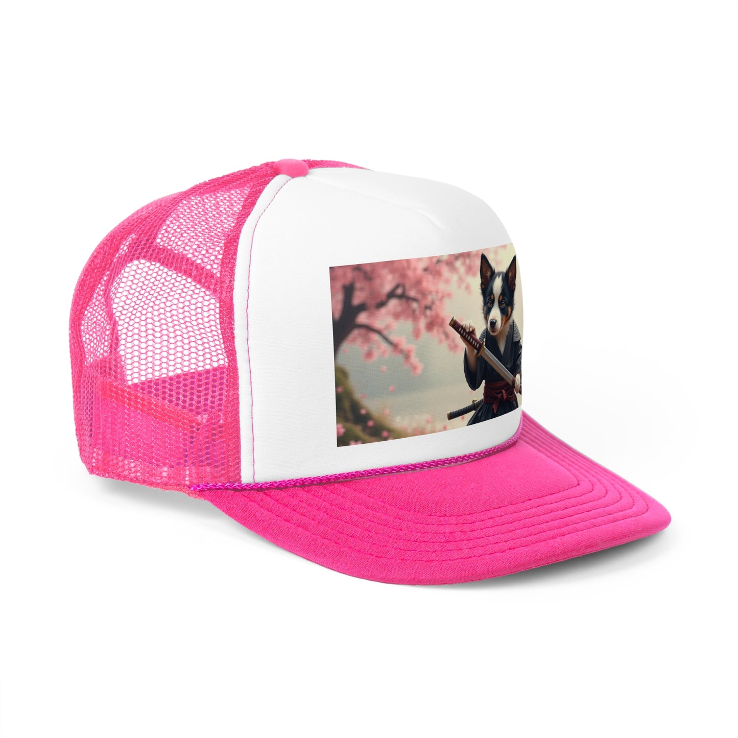 Samurai Puppy Trucker Hat - Japanese Warrior Dog Cap - Cherry Blossom Ninja Baseball Hat
