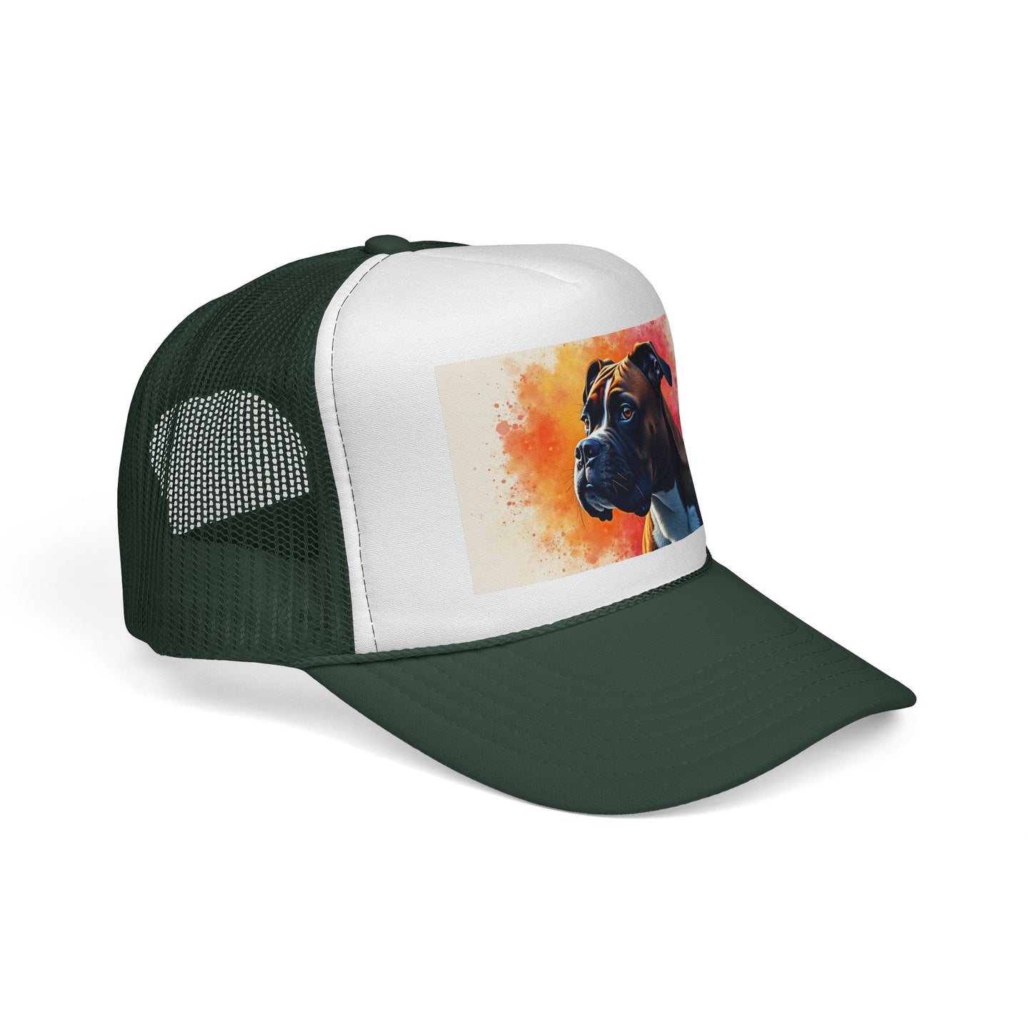 "Watercolor Sunset Boxer Dog Trucker Cap - Artistic Profile Design | Premium Snapback Hat | Fine Art Streetwear for Dog Lovers"