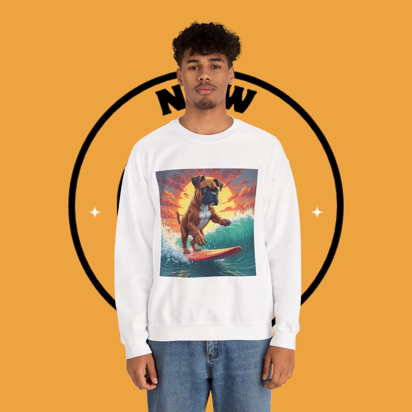 Surfing Boxer Dog Crewneck Sweatshirt | Funny Beach Surfer Gift | Epic Wave Riding Pup Design