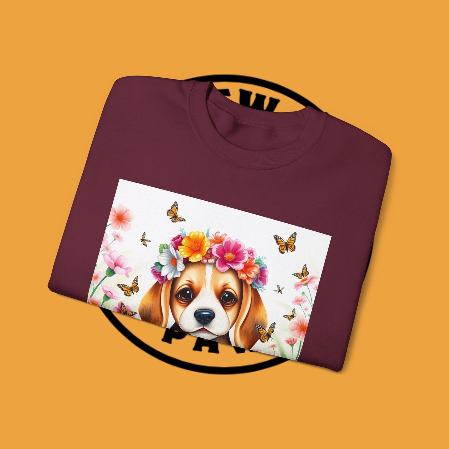 Flower Wreath Dog Crewneck Sweatshirt - Spring Beagle Design with Butterflies