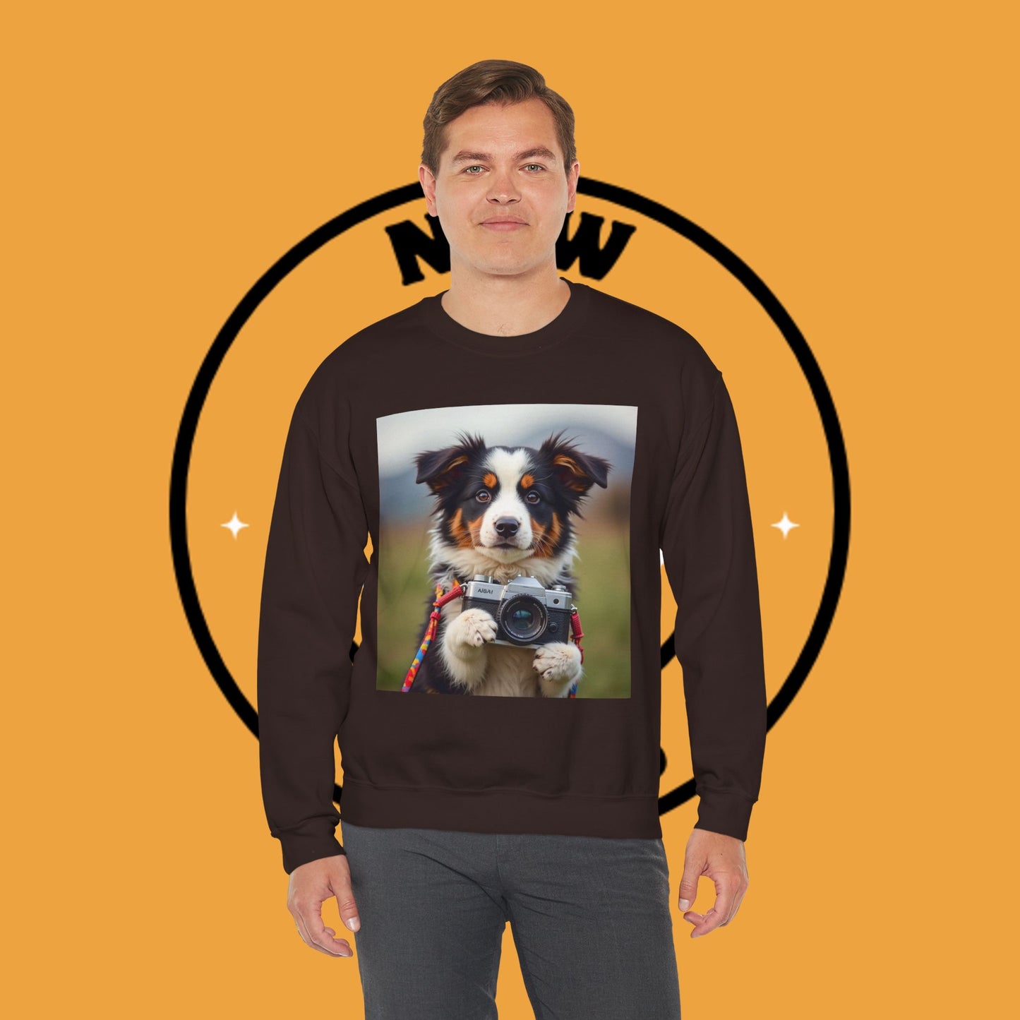 Photographer Dog Crewneck Sweatshirt - Cute Puppy with Vintage Camera Design | Photography Lover Gift