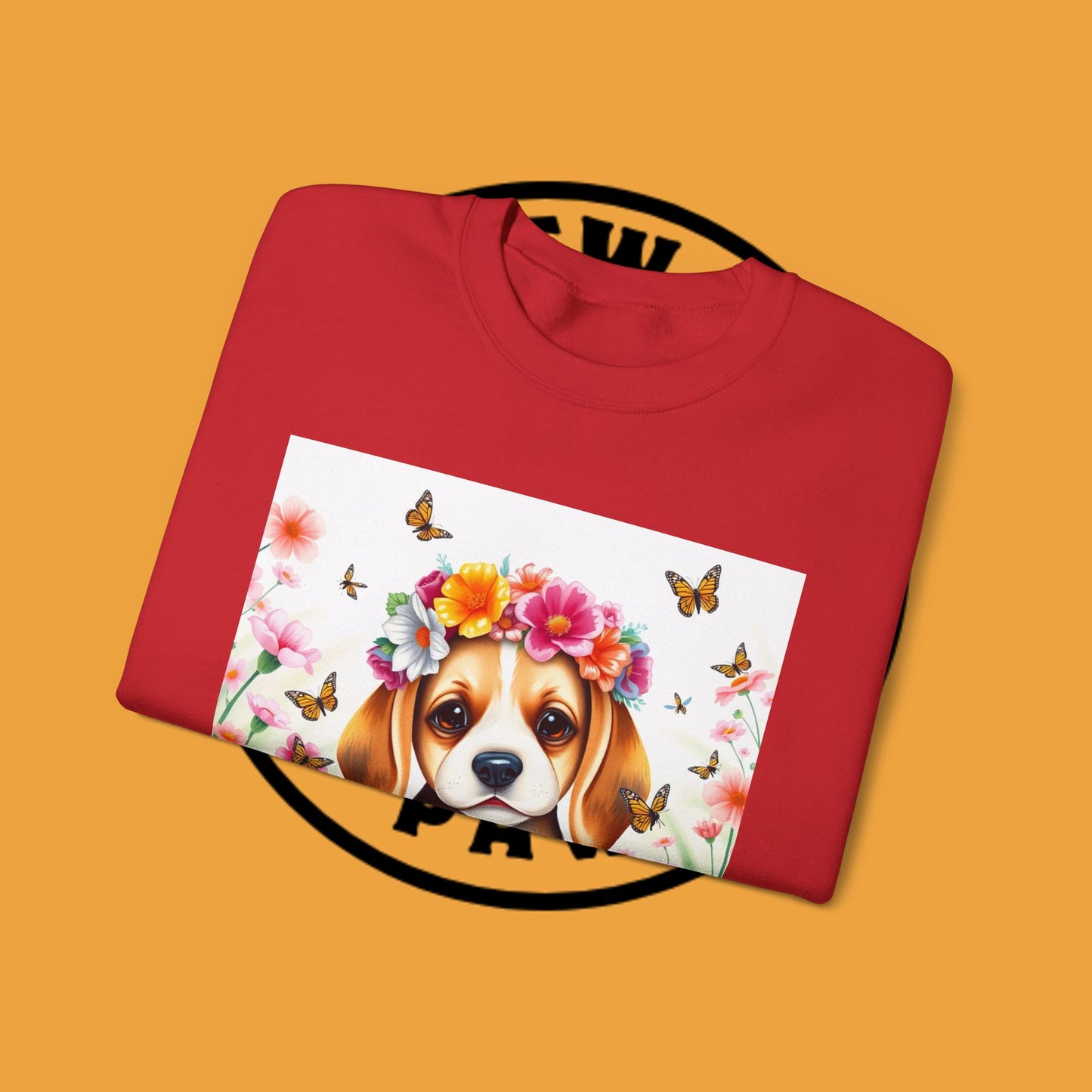 Flower Wreath Dog Crewneck Sweatshirt - Spring Beagle Design with Butterflies