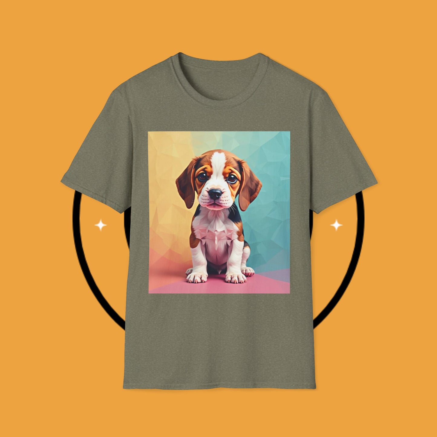 Modern Art Beagle Puppy T-Shirt - Geometric Low Poly Dog Design with Rainbow Background