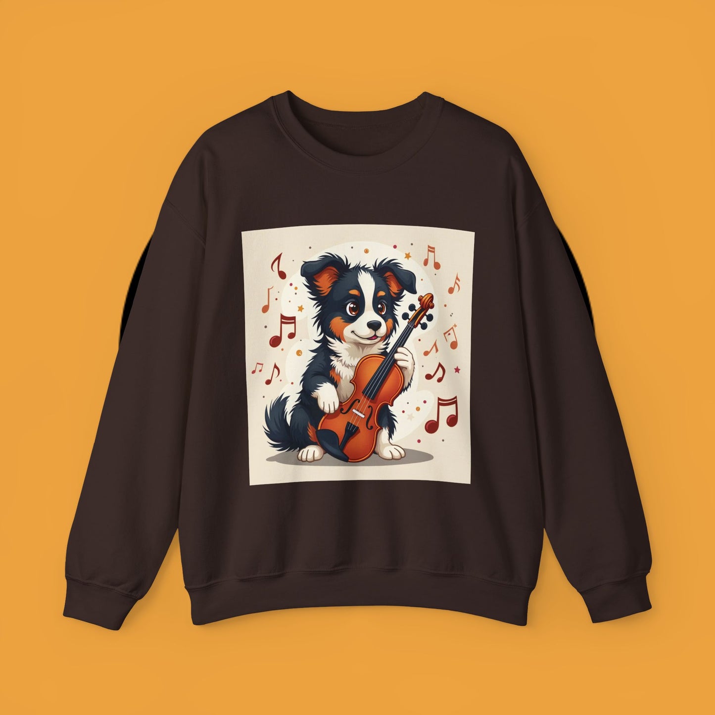 Music Dog Crewneck Sweatshirt - Cute Puppy Violinist with Musical Notes Design | Musician Gift
