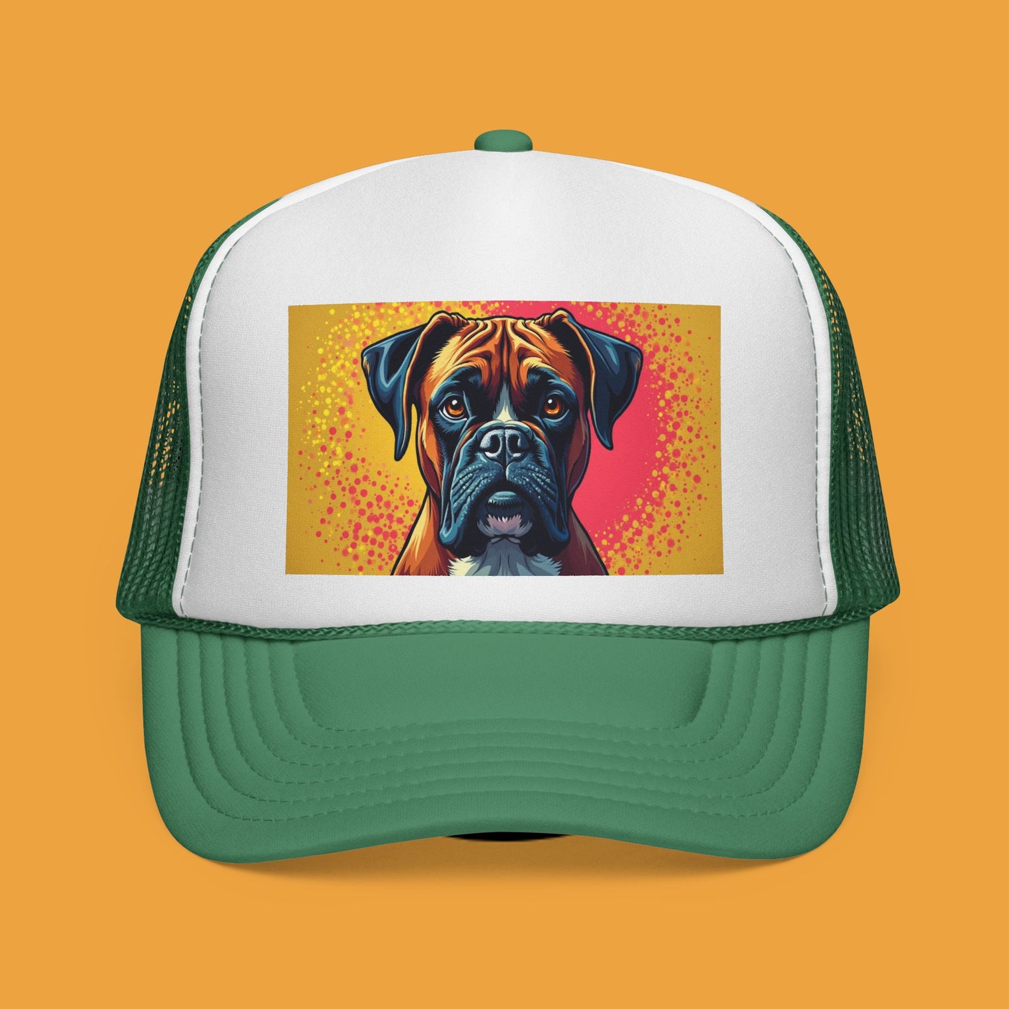 "Pop Art Boxer Dog Trucker Cap - Vibrant Colorful Design | Artistic Snapback Hat | Retro Street Style Baseball Cap for Dog Lovers"