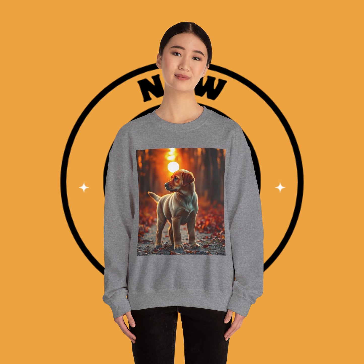 Crewneck Sweatshirt - Labrador Puppy in Autumn Forest with Golden Sunset Light Design