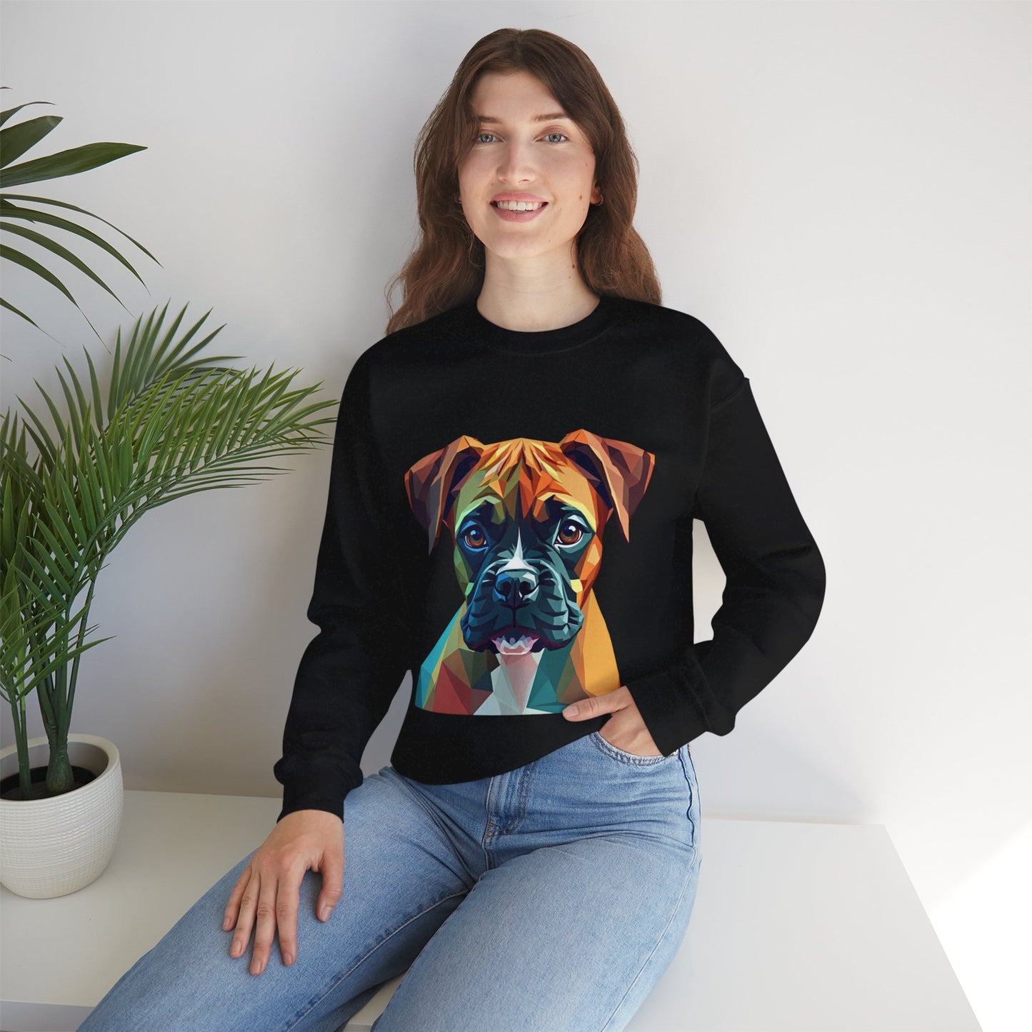 Geometric Boxer Dog Crewneck Sweatshirt - Polygon Art Pet Portrait - Modern Design Lover Gift