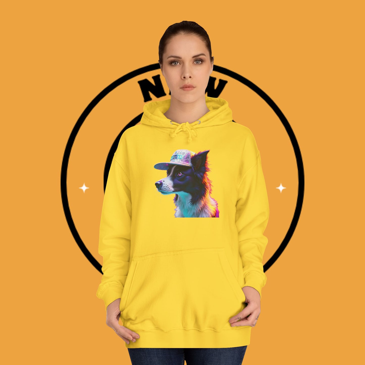 "Neon Rainbow Dog Hoodie - Vibrant Border Collie Street Art Design | Unisex Premium Streetwear"