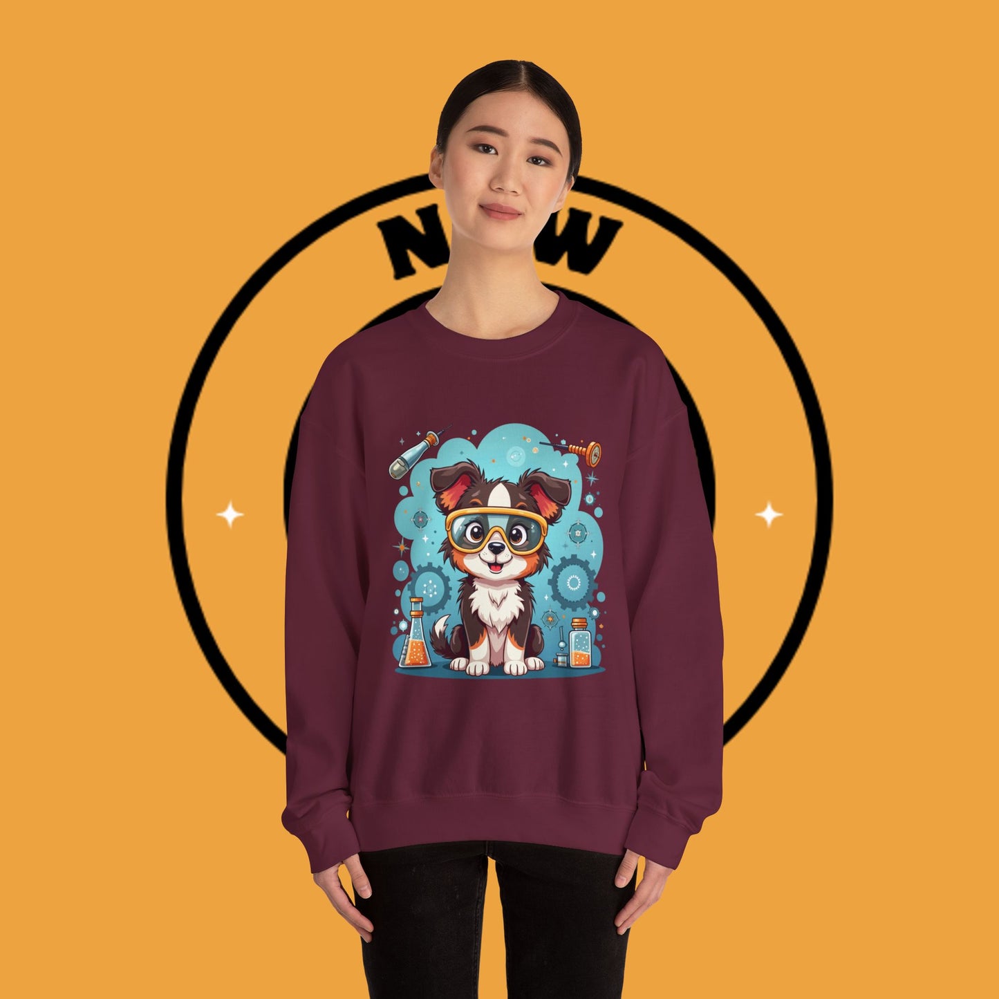 Science Dog Crewneck Sweatshirt - Cute Puppy Scientist with Lab Goggles Design | STEM Lover Gift