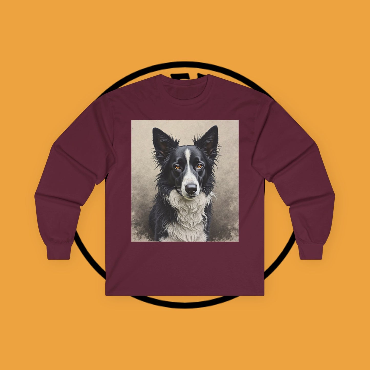 Realistic Border Collie Portrait Long Sleeve Tee - Black & White Dog Art Shirt | Premium Pet Apparel