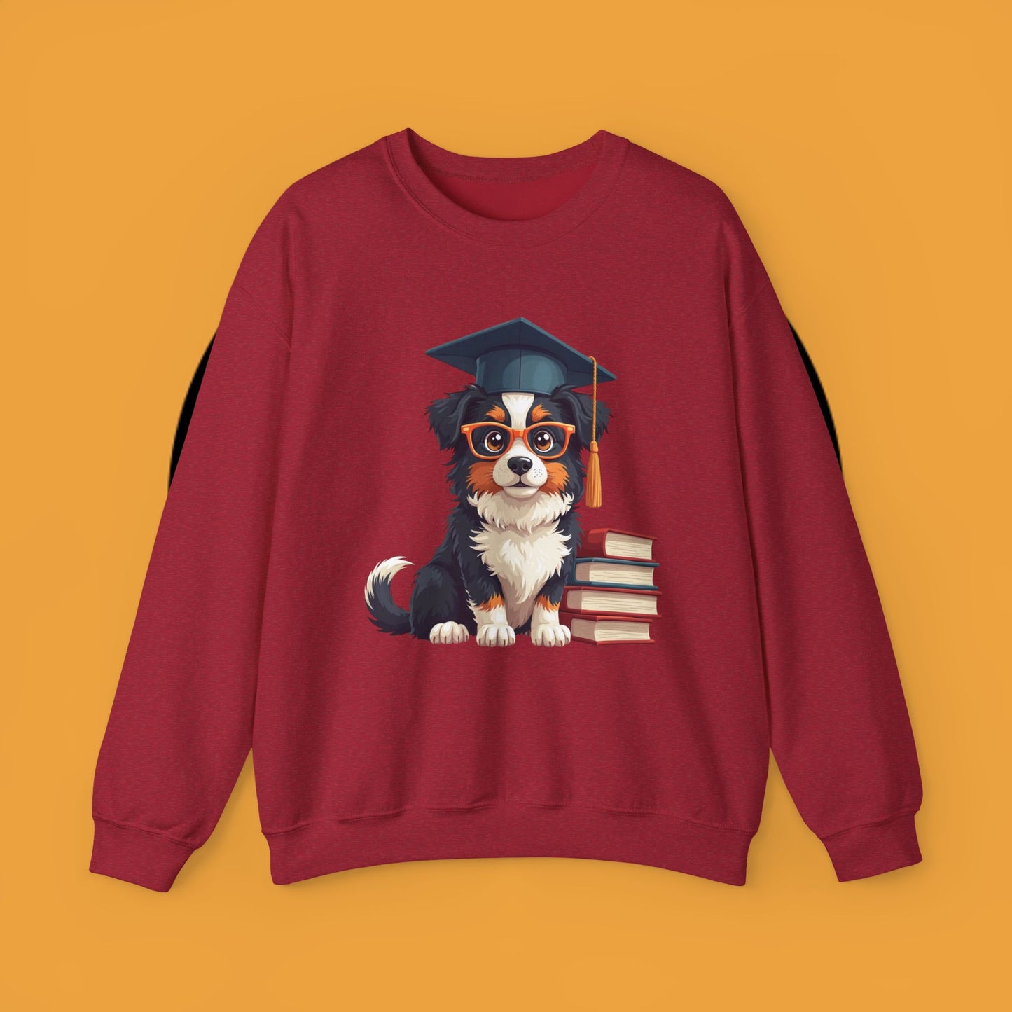 Graduation Dog Crewneck Sweatshirt - Smart Puppy Graduate Cap Books | Academic Achievement Gift