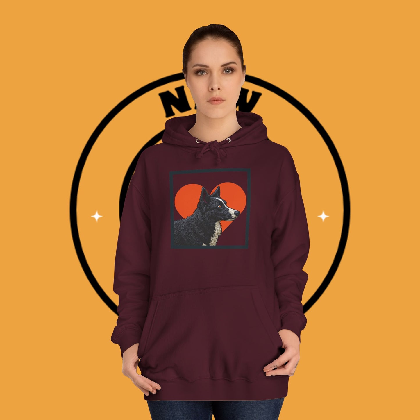 "Black & White Border Collie Portrait Hoodie - Bold Red Heart Background Dog Lover Sweatshirt | Premium Art Design"