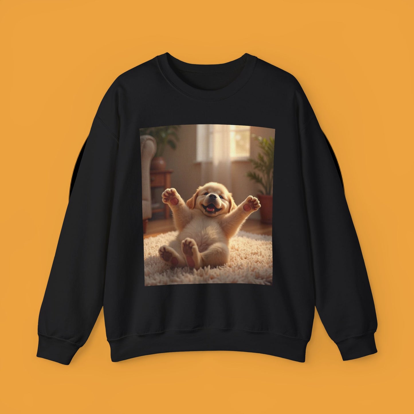 Unisex Dog Lover Crewneck Sweatshirt - Joyful Paws: Yellow Lab Puppy Stretching on Plush Carpet