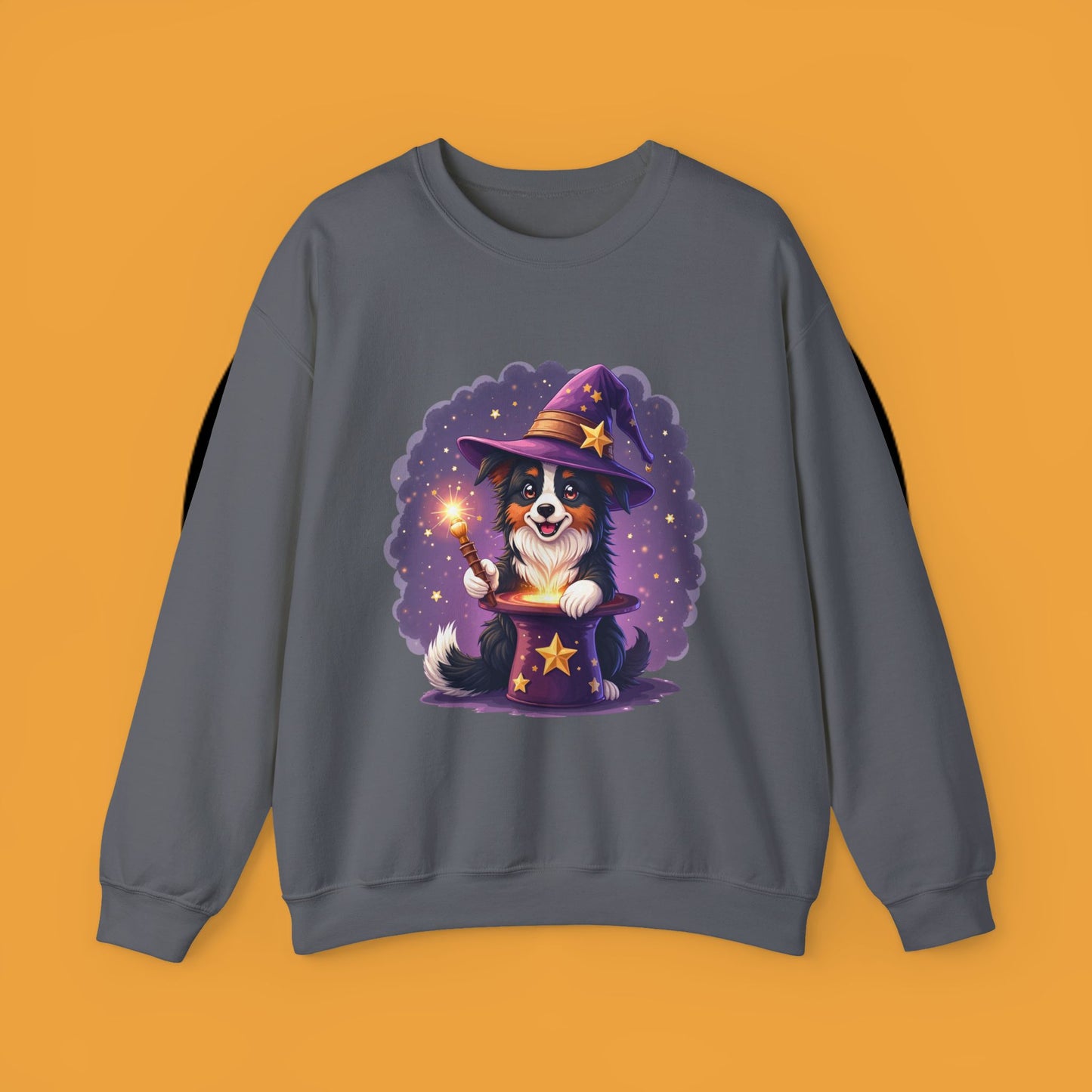 Magical Wizard Dog Crewneck Sweatshirt - Adorable Puppy Magician with Hat & Wand | Fantasy Pet Lover Gift Tee