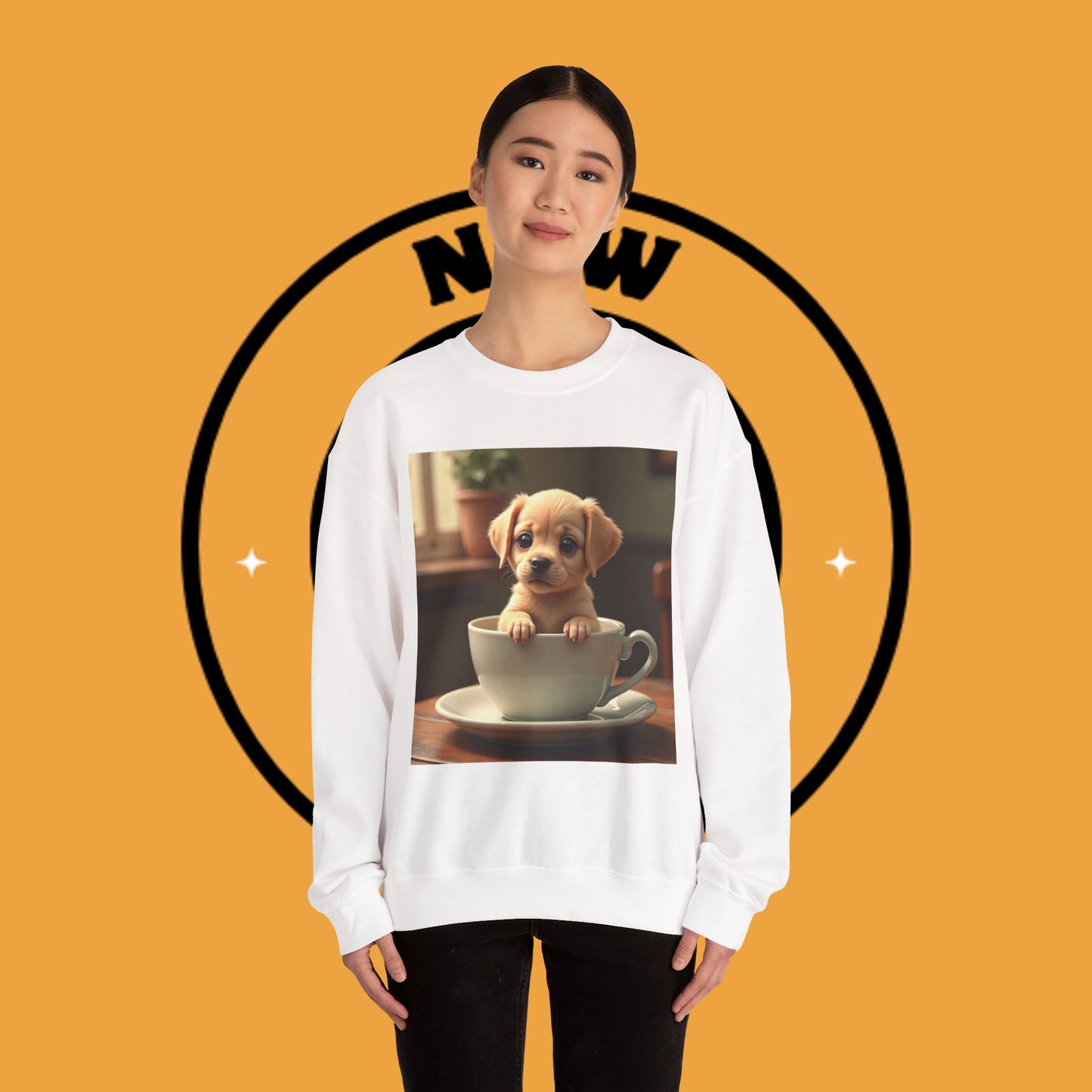 Unisex Dog Lover Crewneck Sweatshirt - Teacup Puppy: Adorable Yellow Lab in Coffee Cup