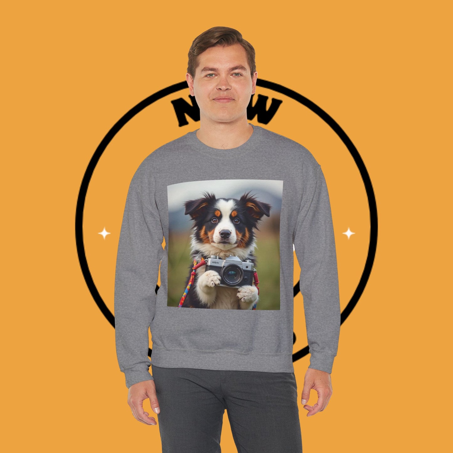 Photographer Dog Crewneck Sweatshirt - Cute Puppy with Vintage Camera Design | Photography Lover Gift