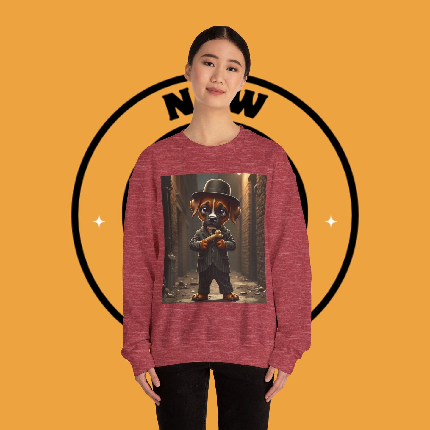 Gangster Puppy Fedora Crewneck Sweatshirt - Vintage Dog Boss Design - Retro Pet Lover Style