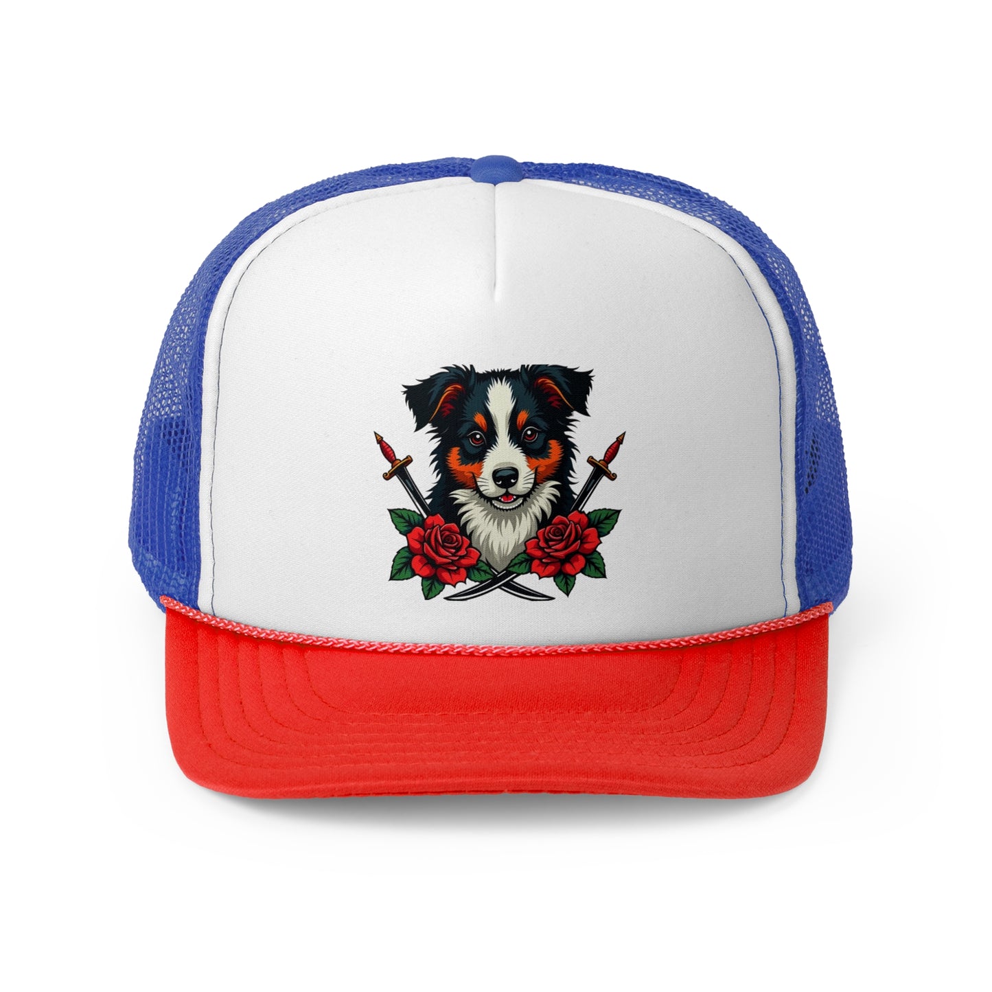 Fierce Border Collie Tattoo Style Trucker Hat - Vintage Dog Lover Cap with Roses & Daggers Design