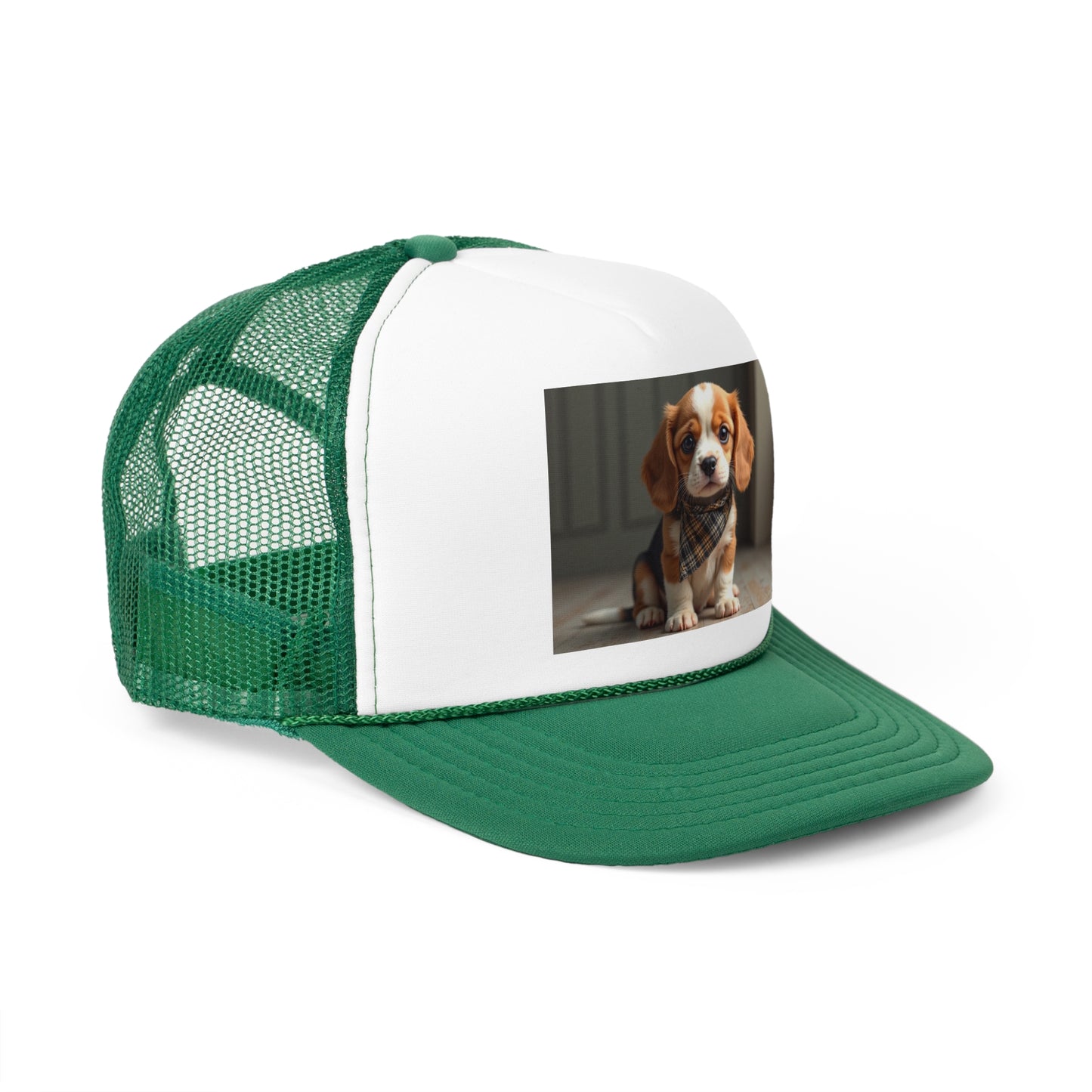 Stylish Beagle Puppy with Plaid Bandana Trucker Hat - Premium Dog Lover Cap - Adorable Dog Lover Unisex Cap